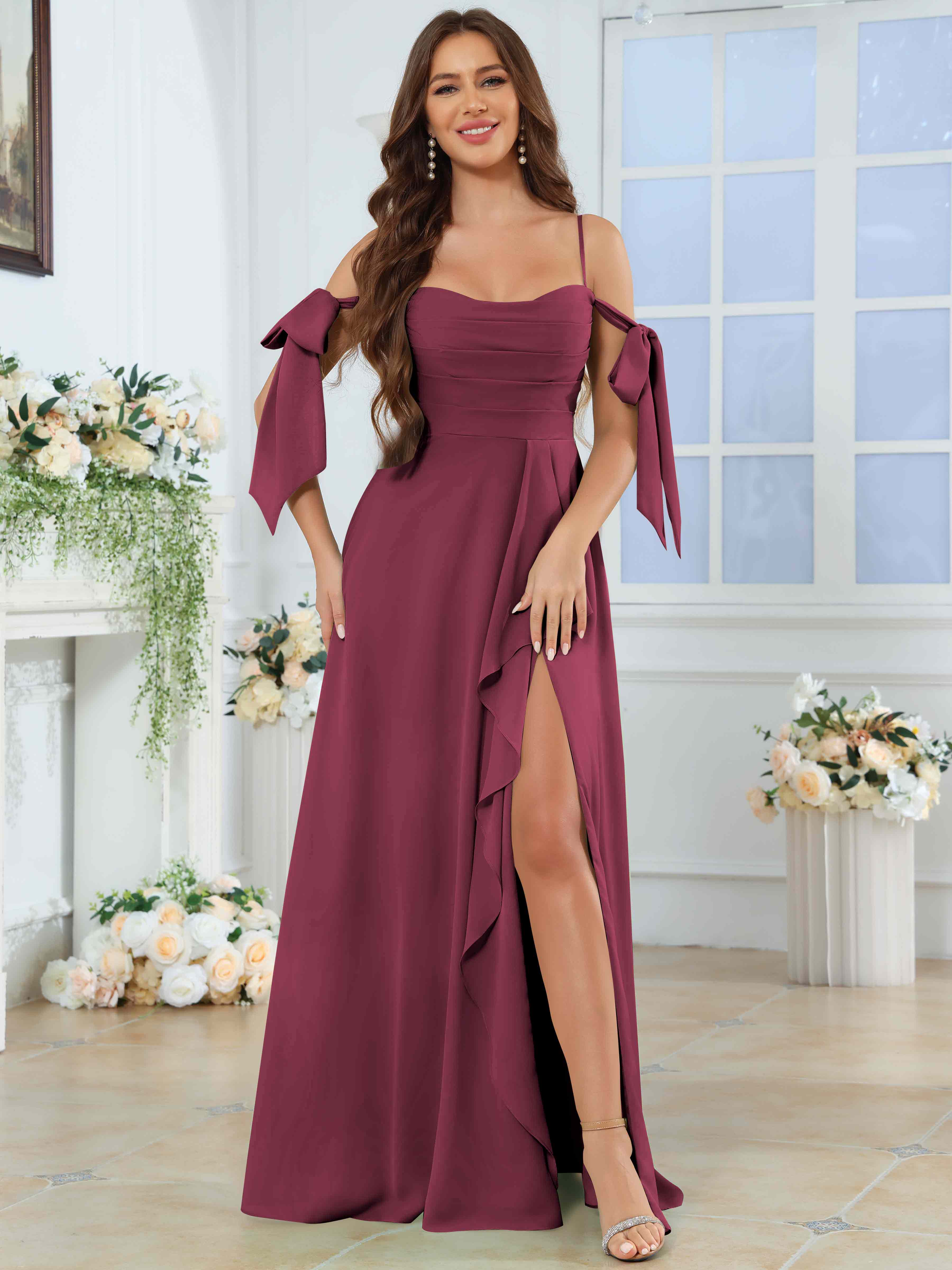 ROVDESY Spaghetti Strap Pleated Ruffle Slit Chiffon Bridesmaid Dress With Bow Sleeves