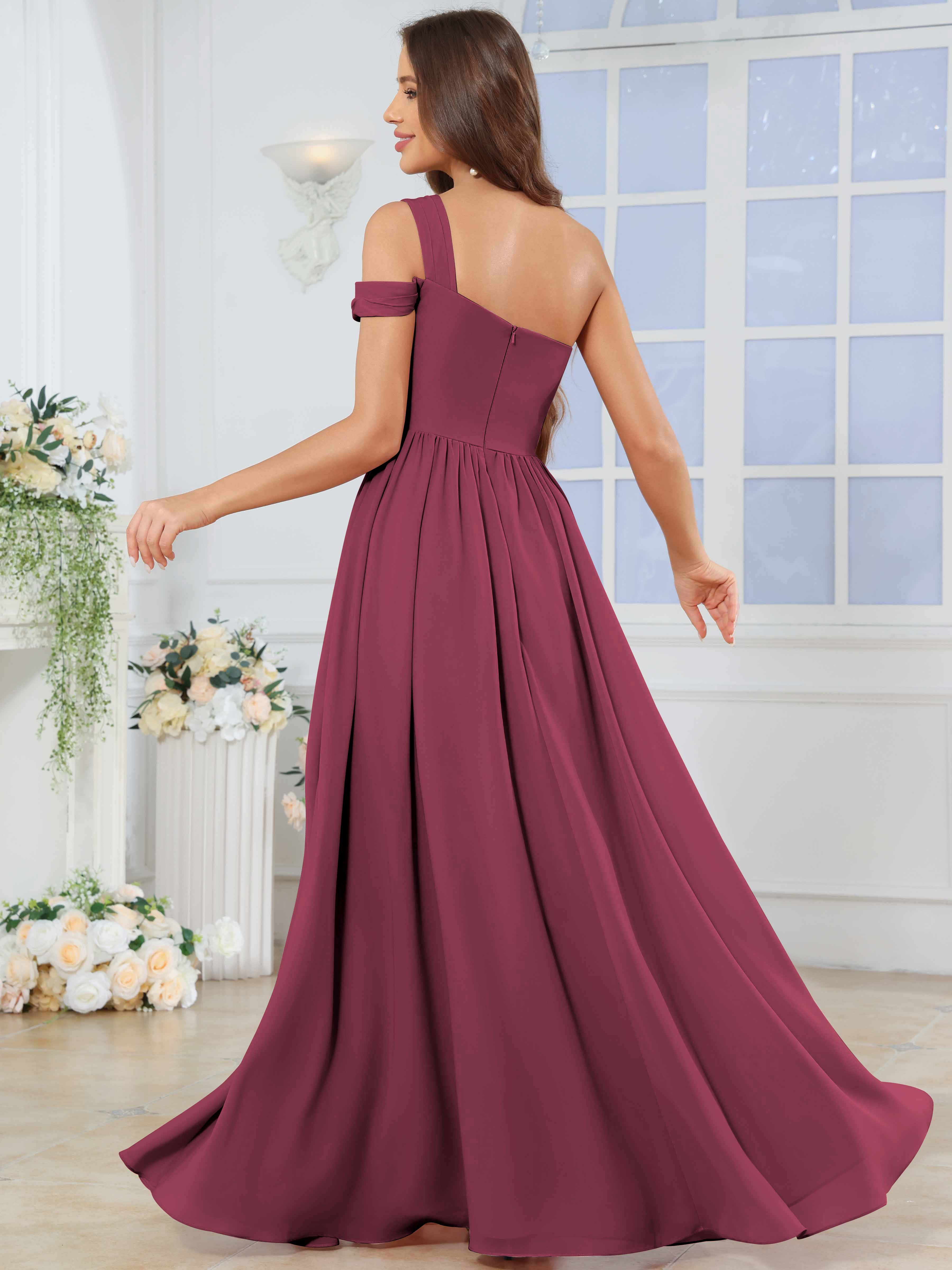 ROVDESY One Shoulder Pleated Chiffon Bridesmaid Dress With Slit