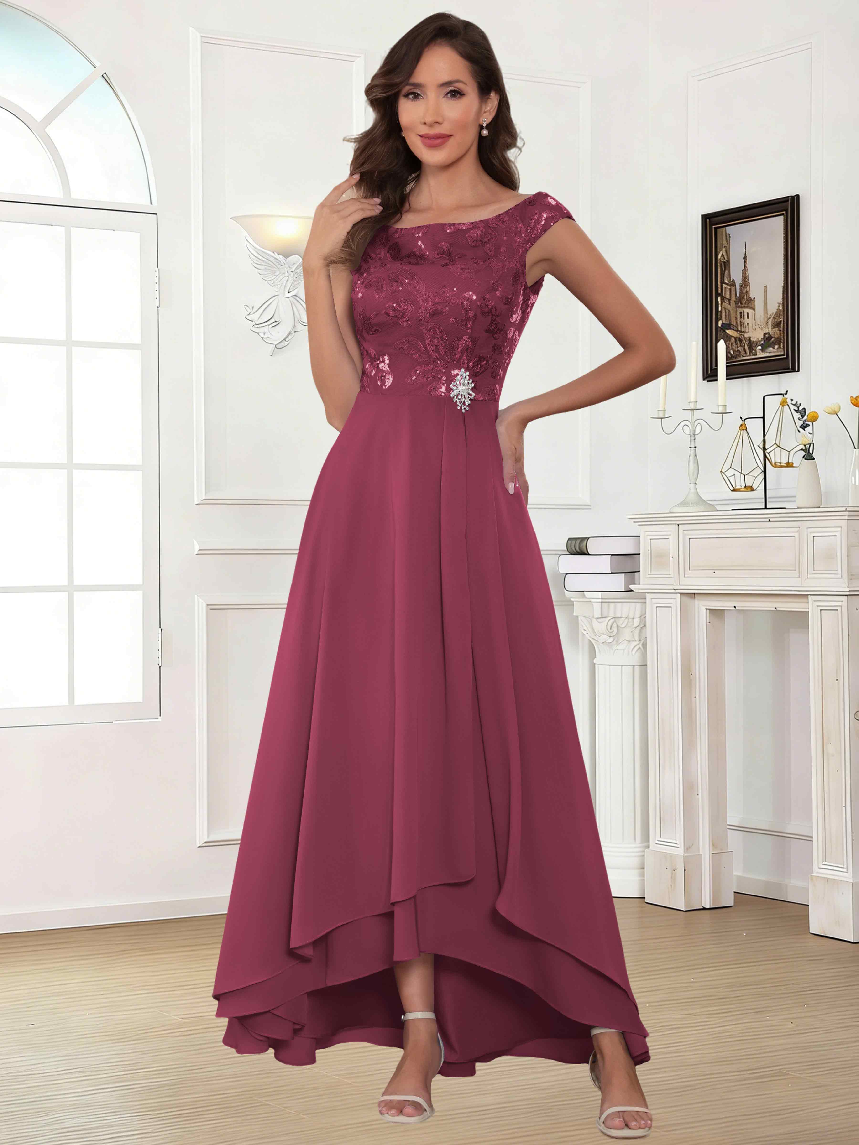 ROVDESY Tea Length Off-The-Shoulder Sequin Chiffon Mother Of The Bride Dress