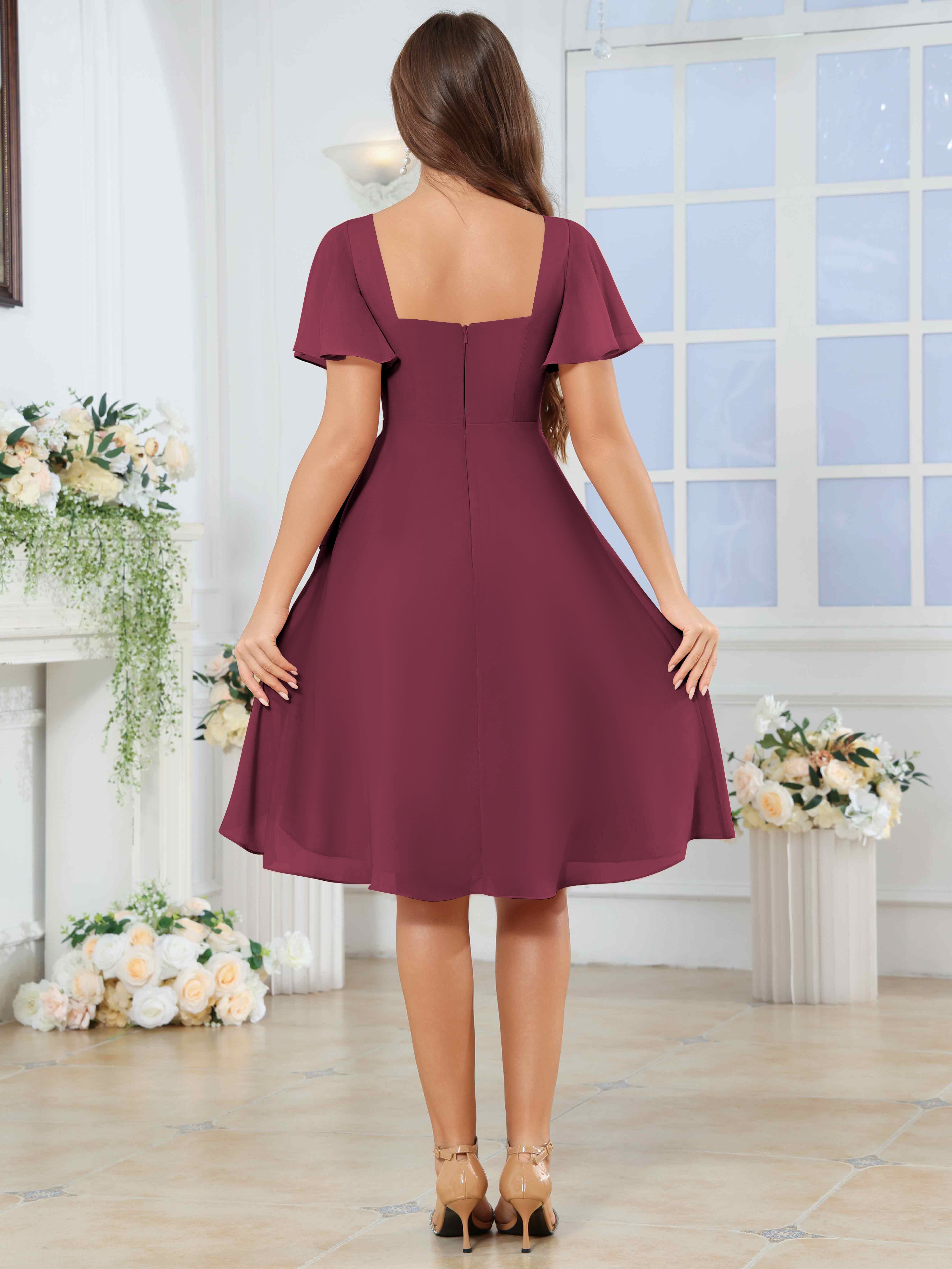 ROVDESY Knee Length V-Neck Pleated Chiffon Bridesmaid Dress With Short Sleeves