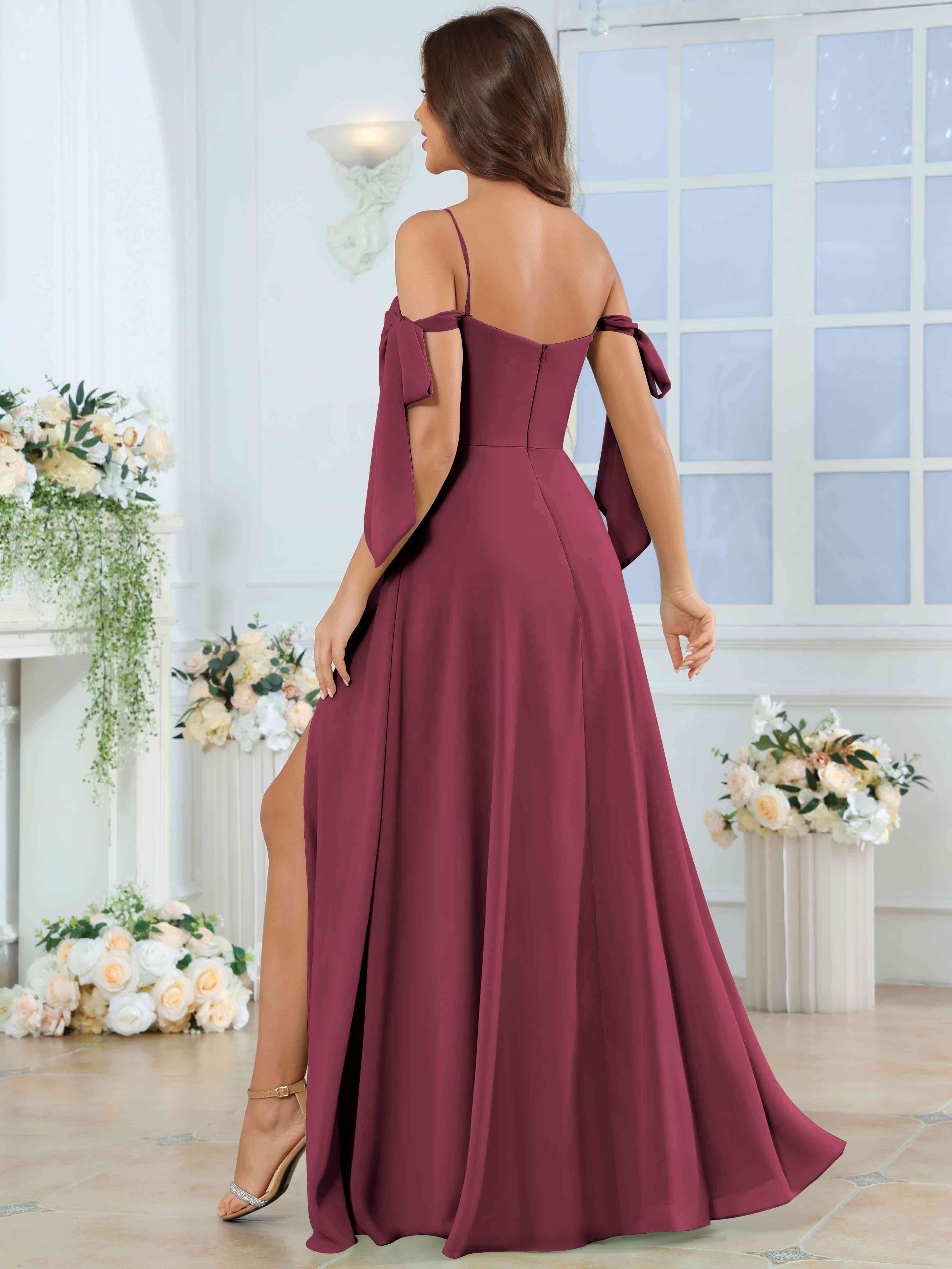 ROVDESY Spaghetti Strap Pleated Ruffle Slit Chiffon Bridesmaid Dress With Bow Sleeves