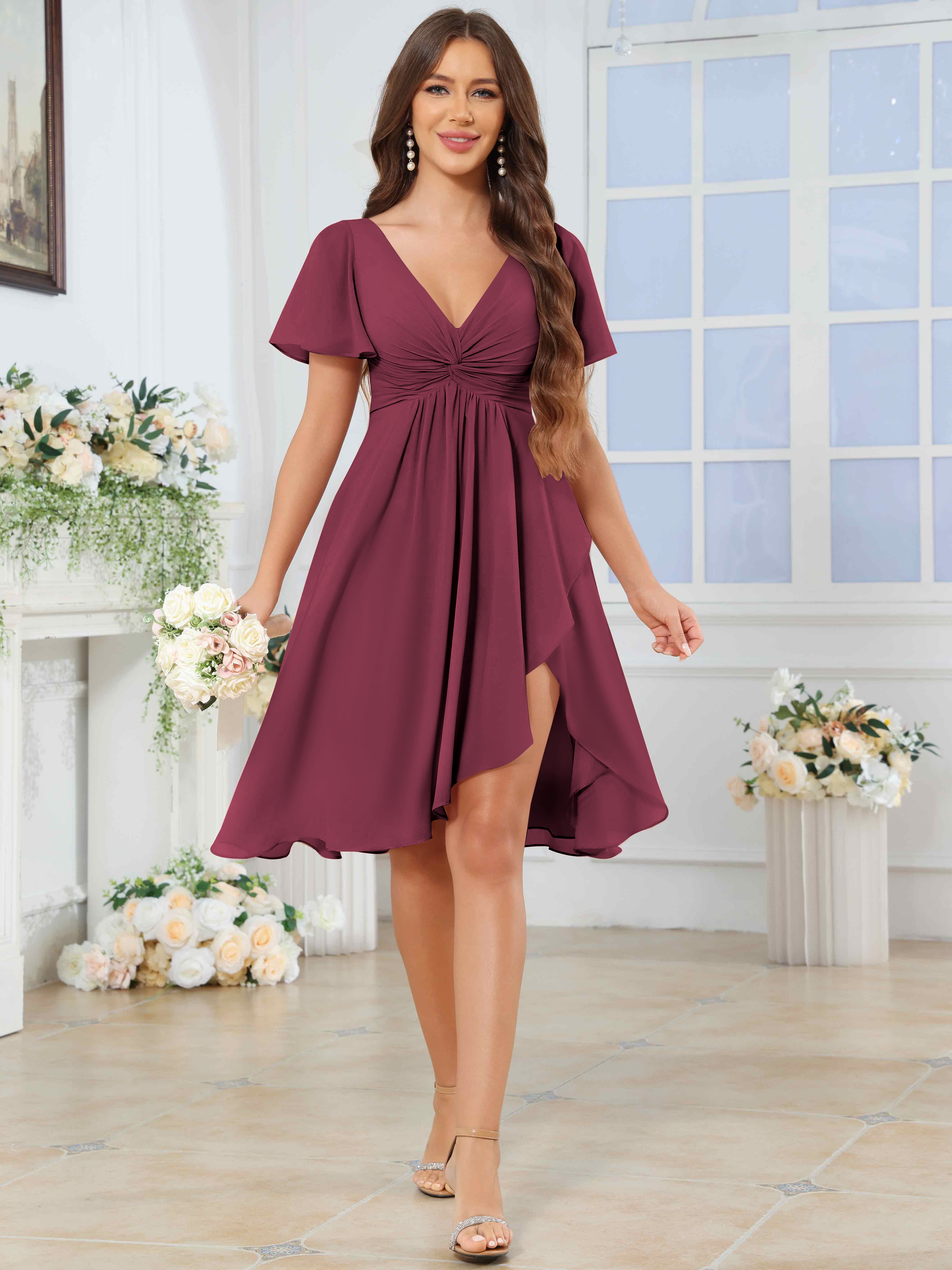 ROVDESY Knee Length V-Neck Pleated Chiffon Bridesmaid Dress With Short Sleeves