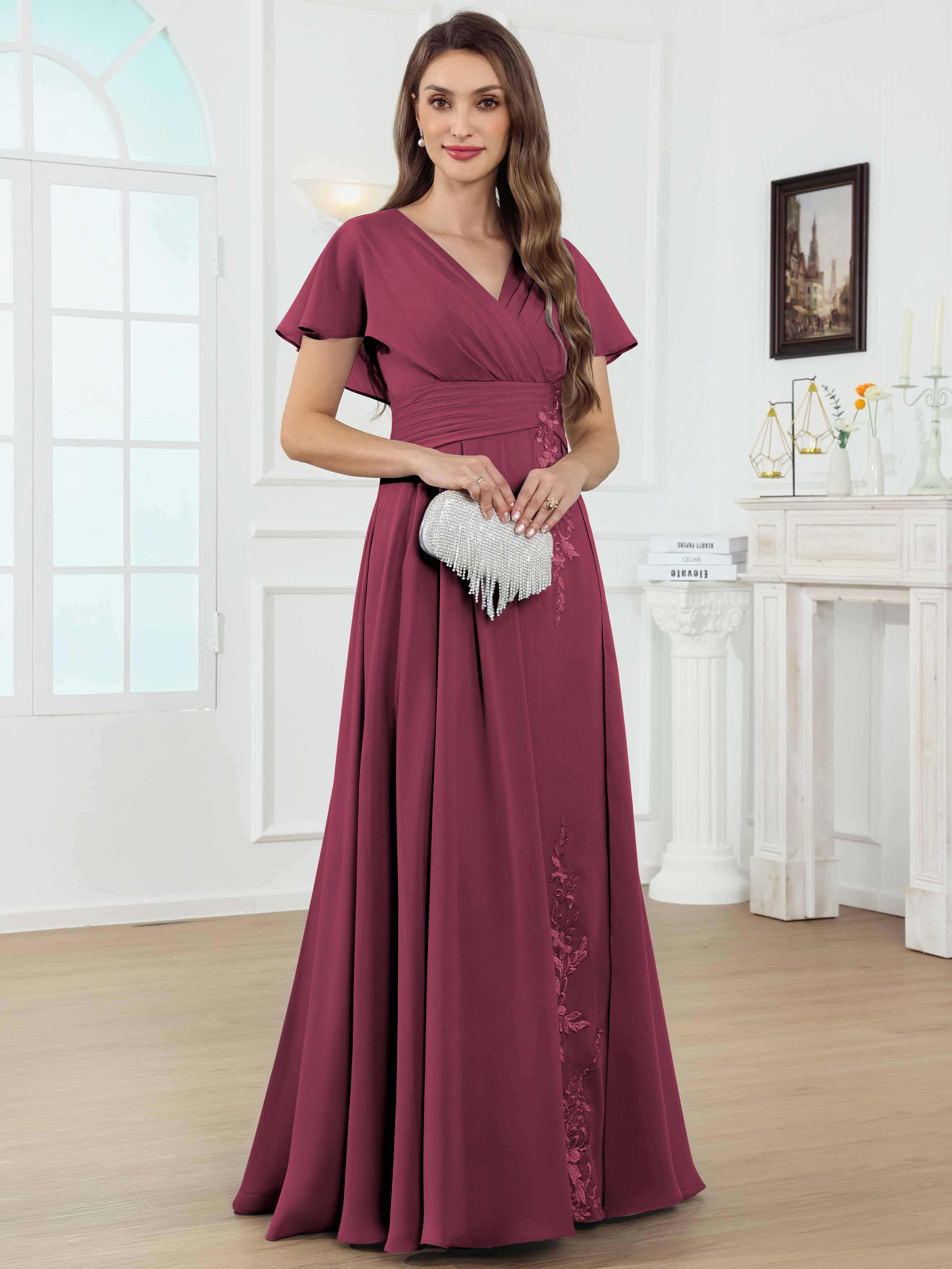 ROVDESY A-Line V-Neck Pleated Lace Chiffon Mother Of The Bride Dress With Short Sleeves