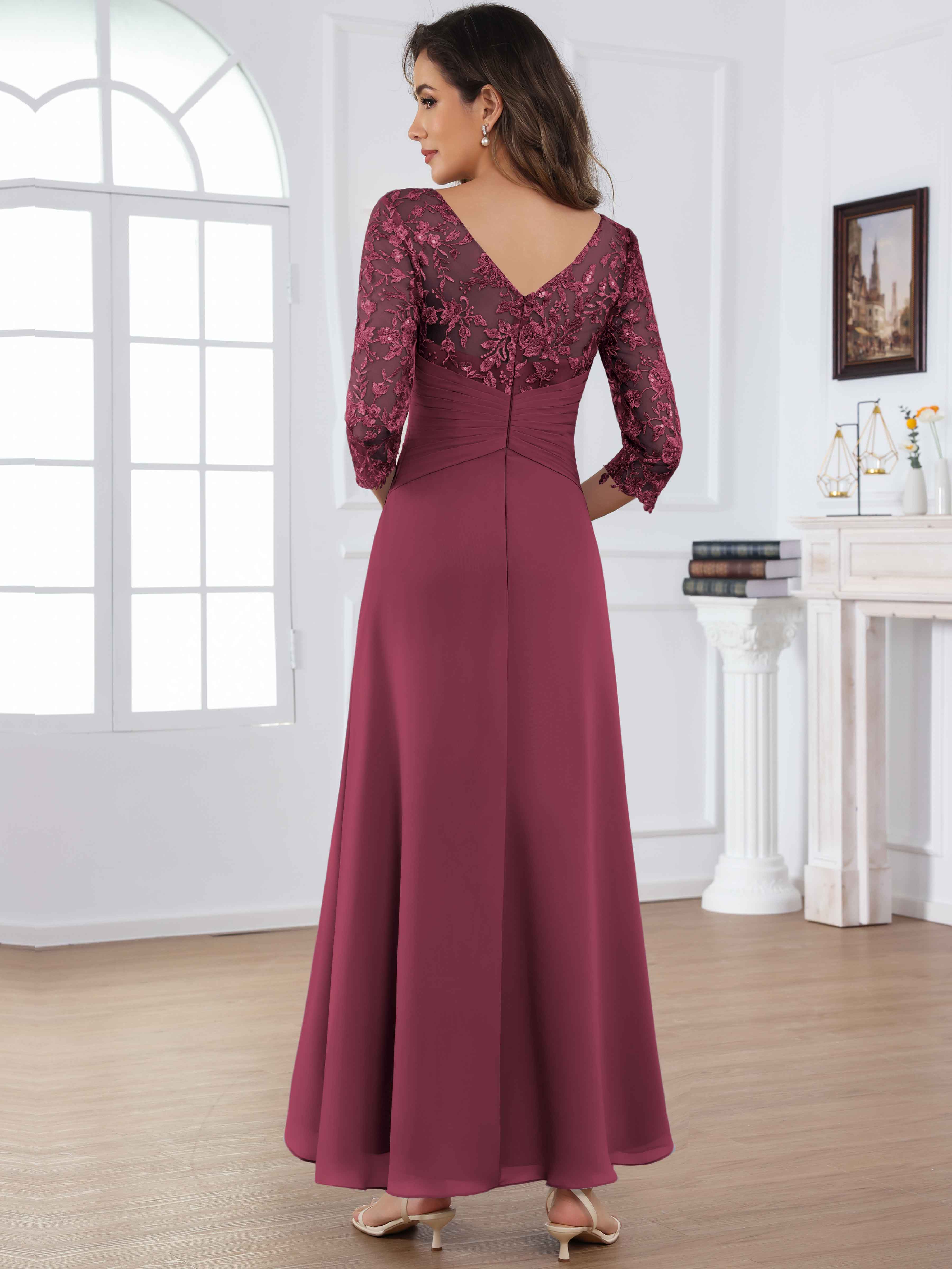 ROVDESY Tea Length Lace Chiffon Mother of The Bride Dress with 3/4 Sleeves