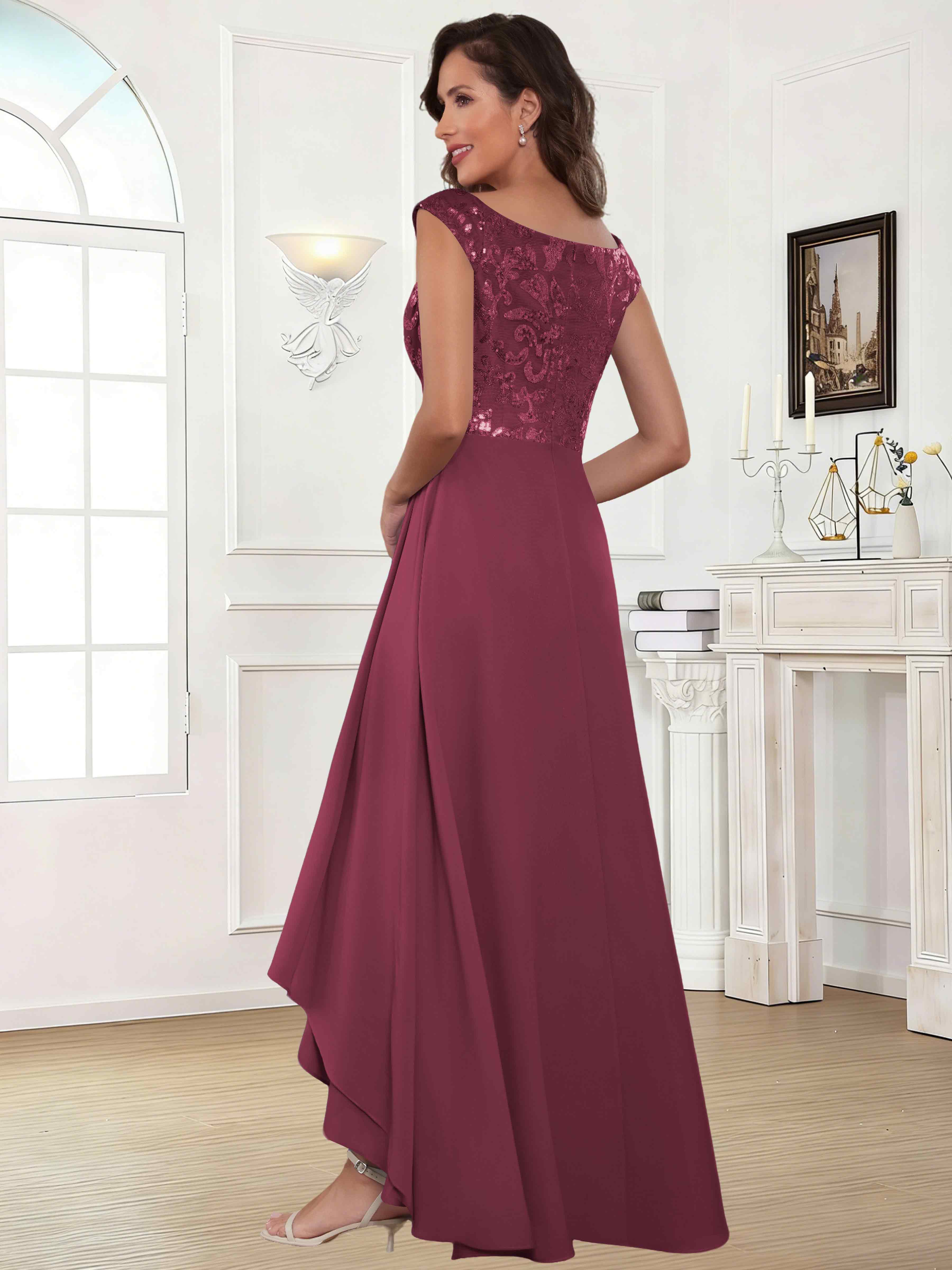 ROVDESY Tea Length Off-The-Shoulder Sequin Chiffon Mother Of The Bride Dress