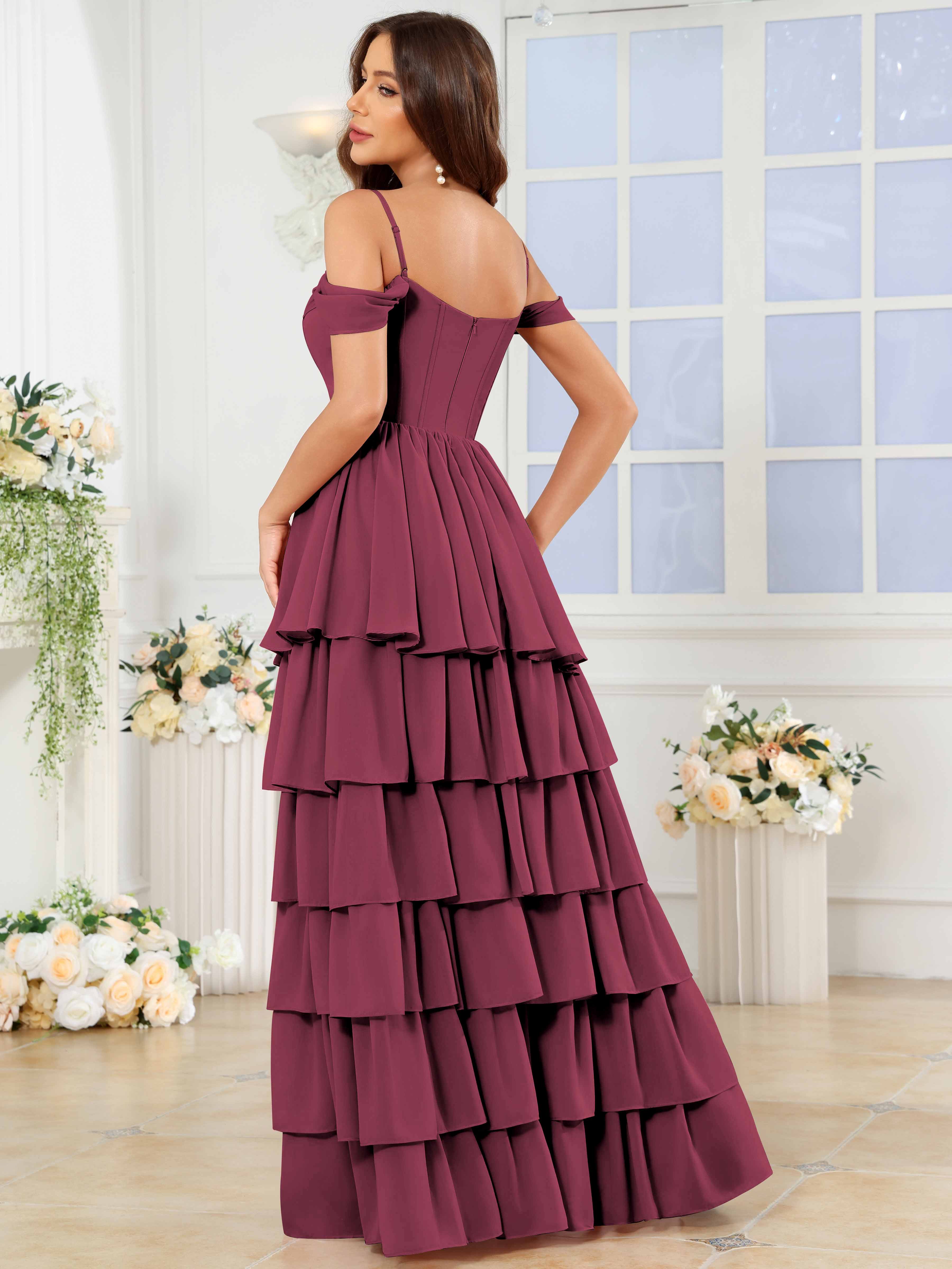 ROVDESY A-Line Off The Shoulder Tiered Chiffon Bridesmaid/Prom Dress With Slit