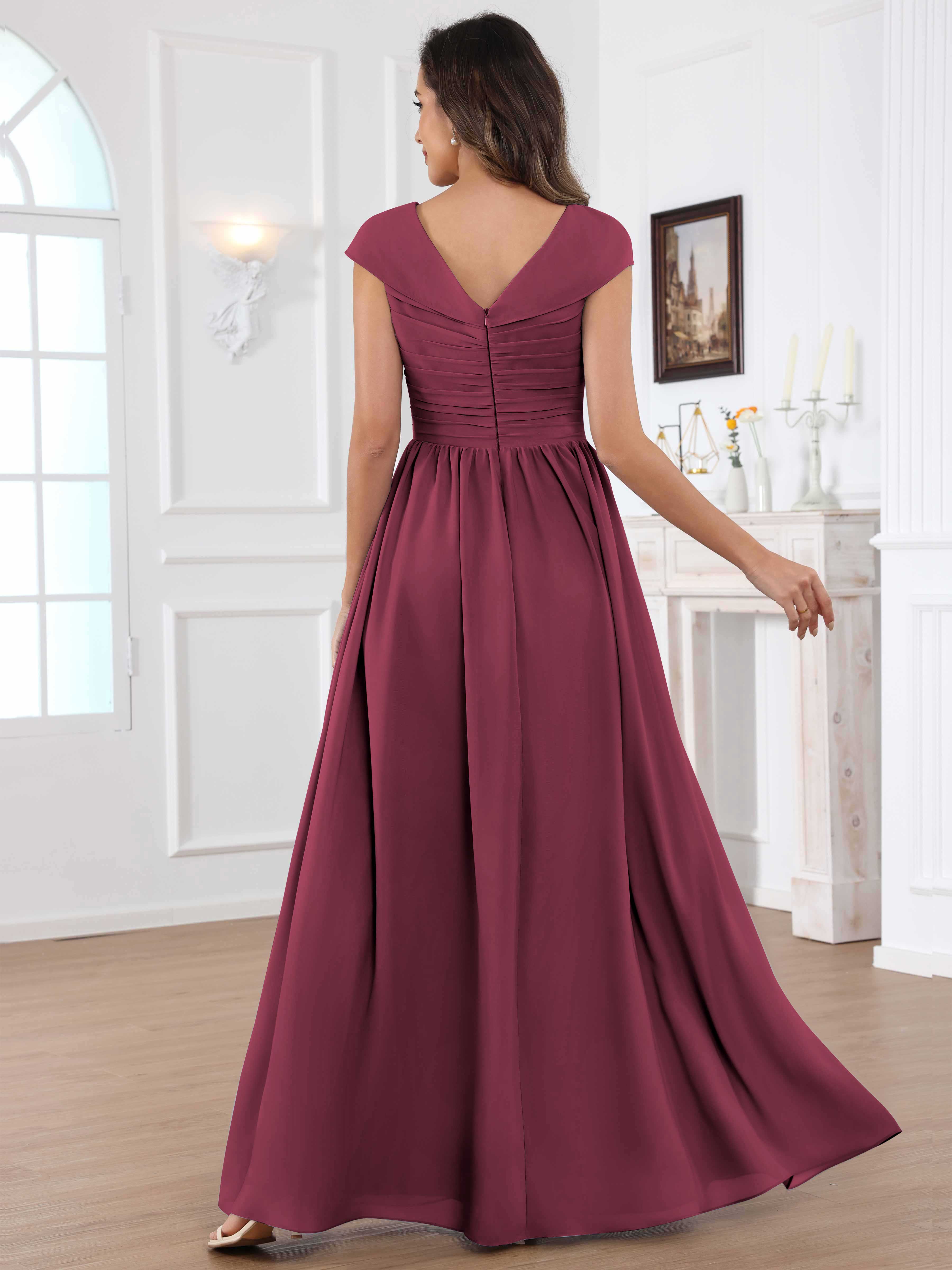 ROVDESY A-Line Cap Sleeves Pleated Chiffon Mother Of The Bride Dress