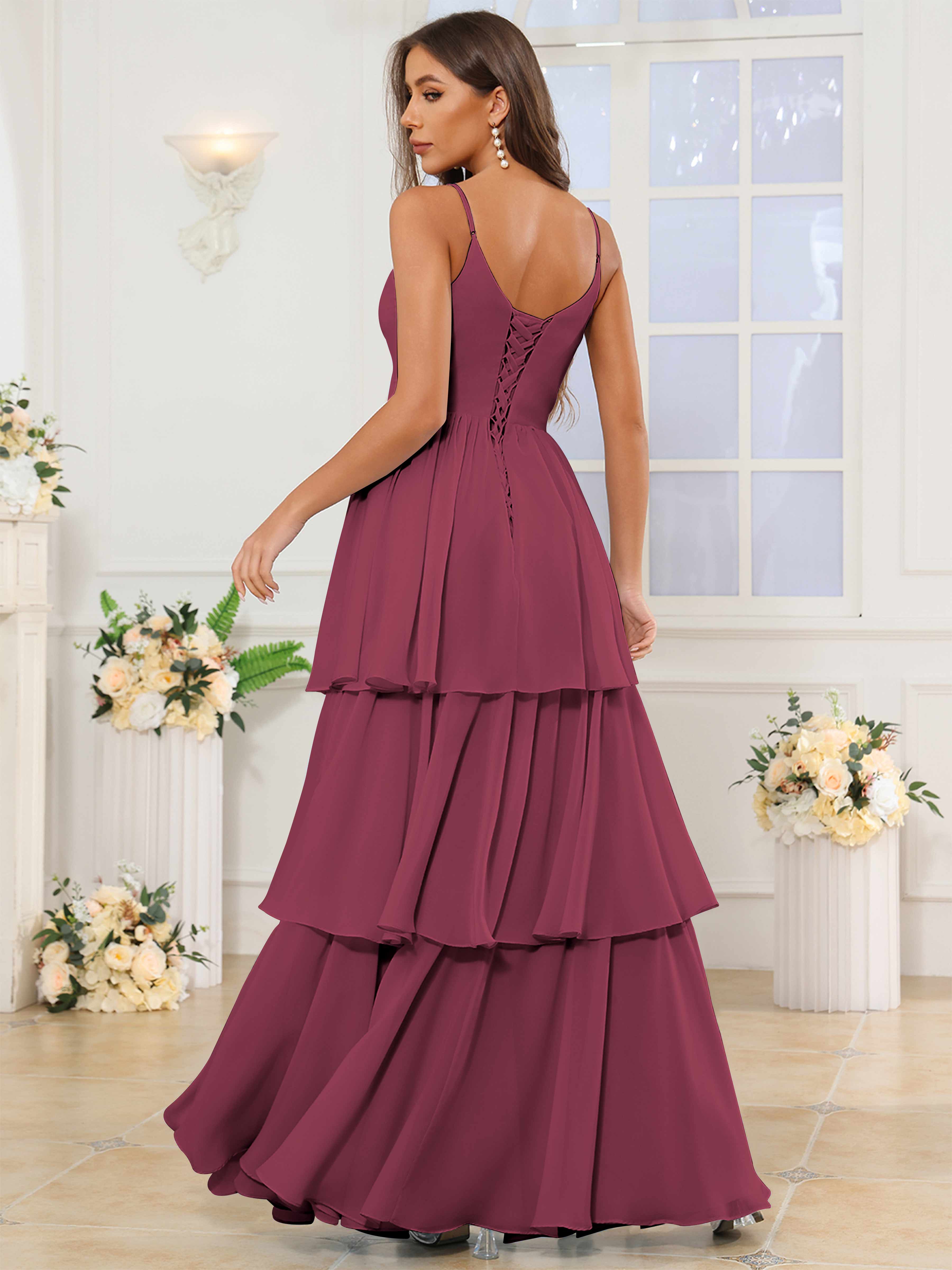 ROVDESY V-Neck Spaghetti Straps Tiered Chiffon Bridesmaid Dress With Ruffles