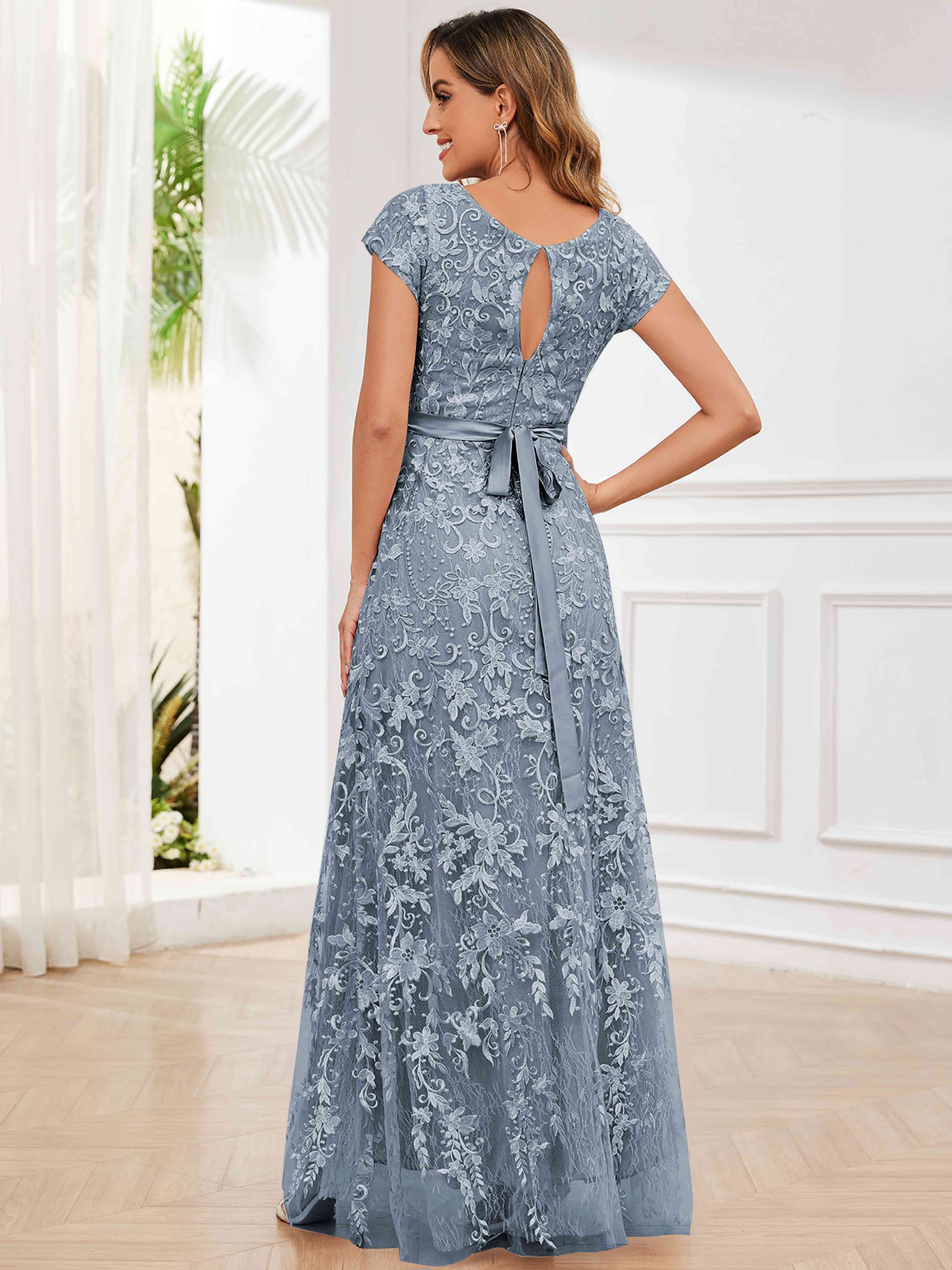 ROVDESY Elegant Lace Mother Of The Bride Dress With Short Sleeves Formal Gown