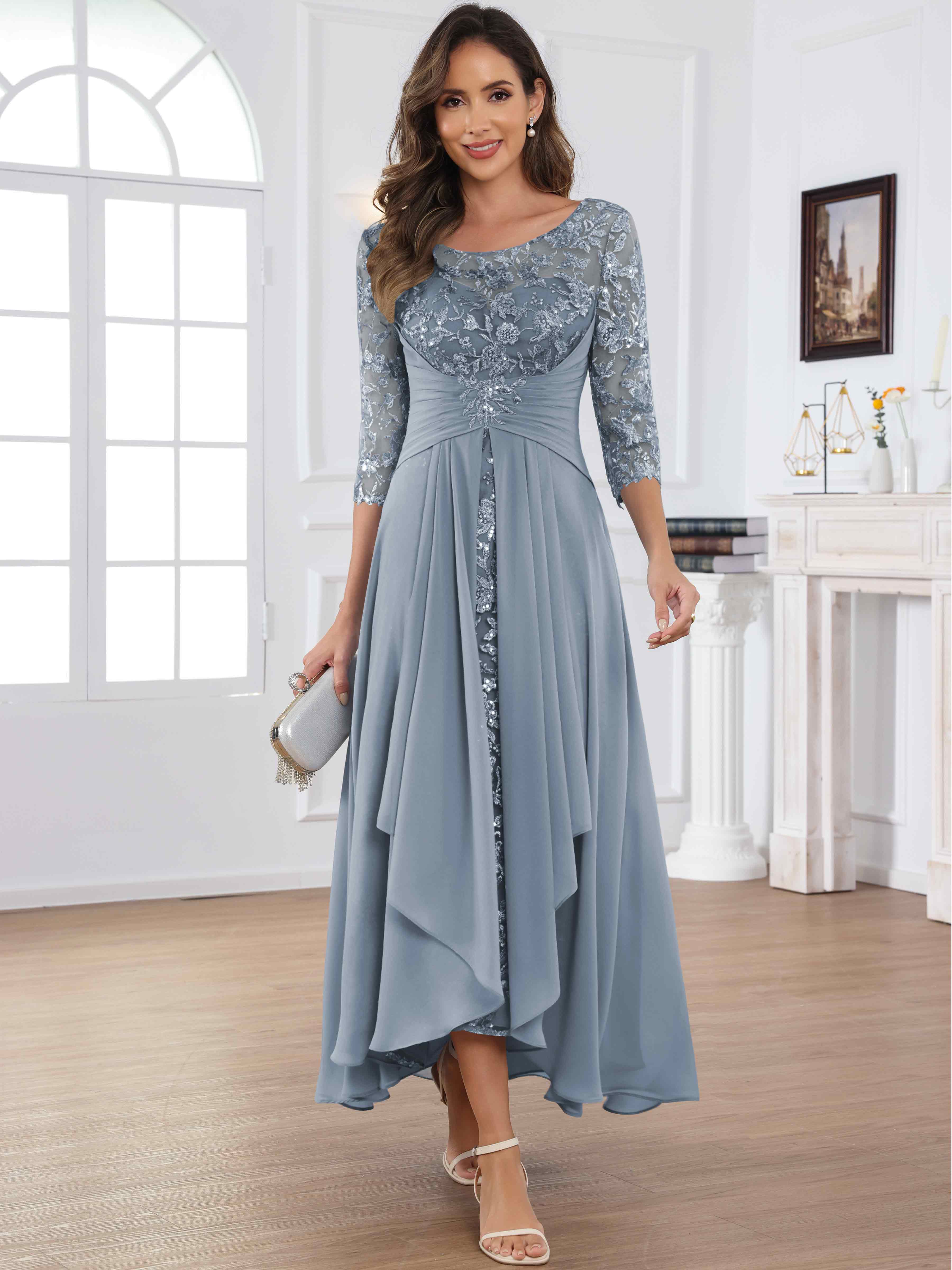 ROVDESY Tea Length Lace Chiffon Mother of The Bride Dress with 3/4 Sleeves