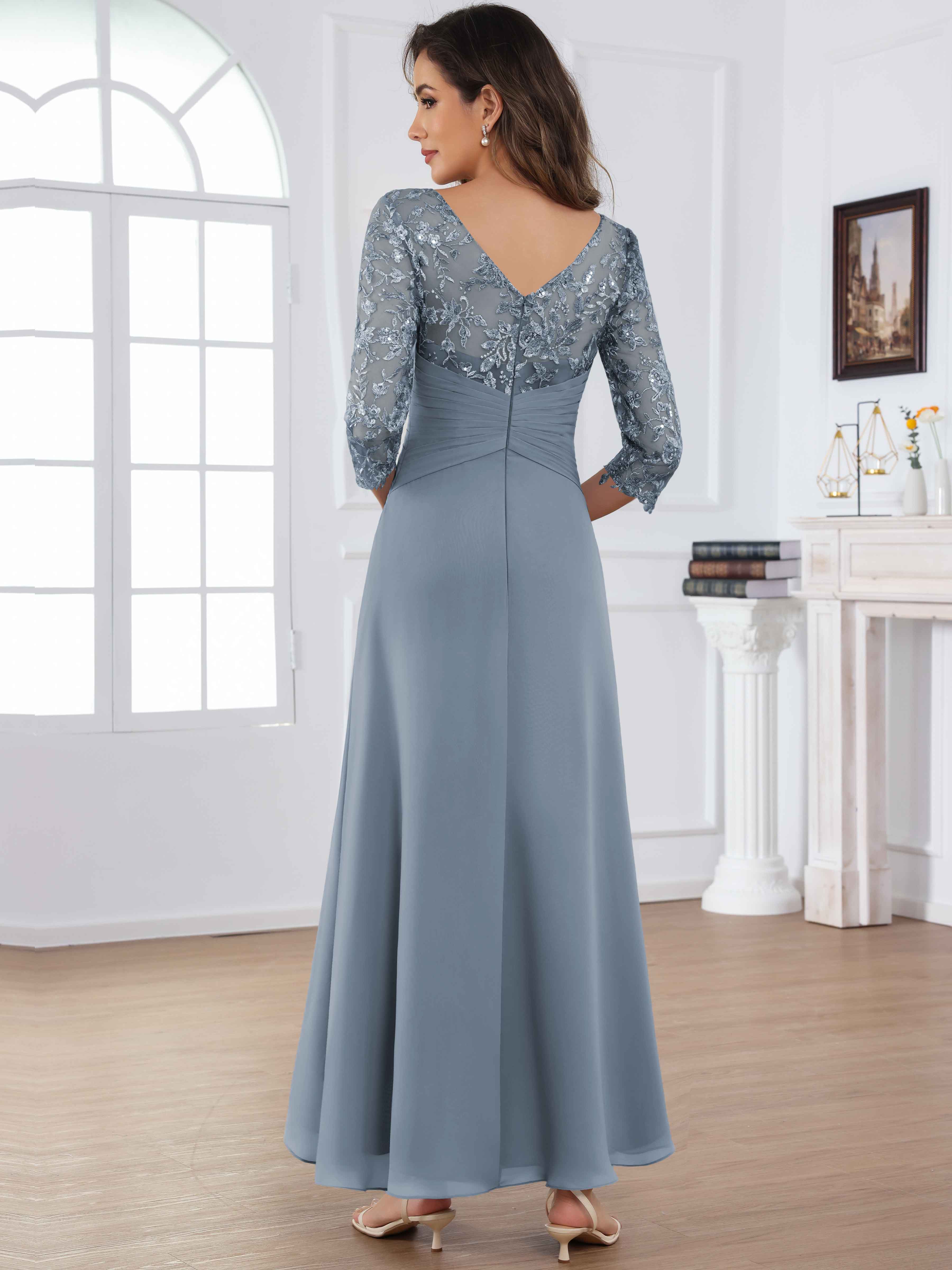ROVDESY Tea Length Lace Chiffon Mother of The Bride Dress with 3/4 Sleeves