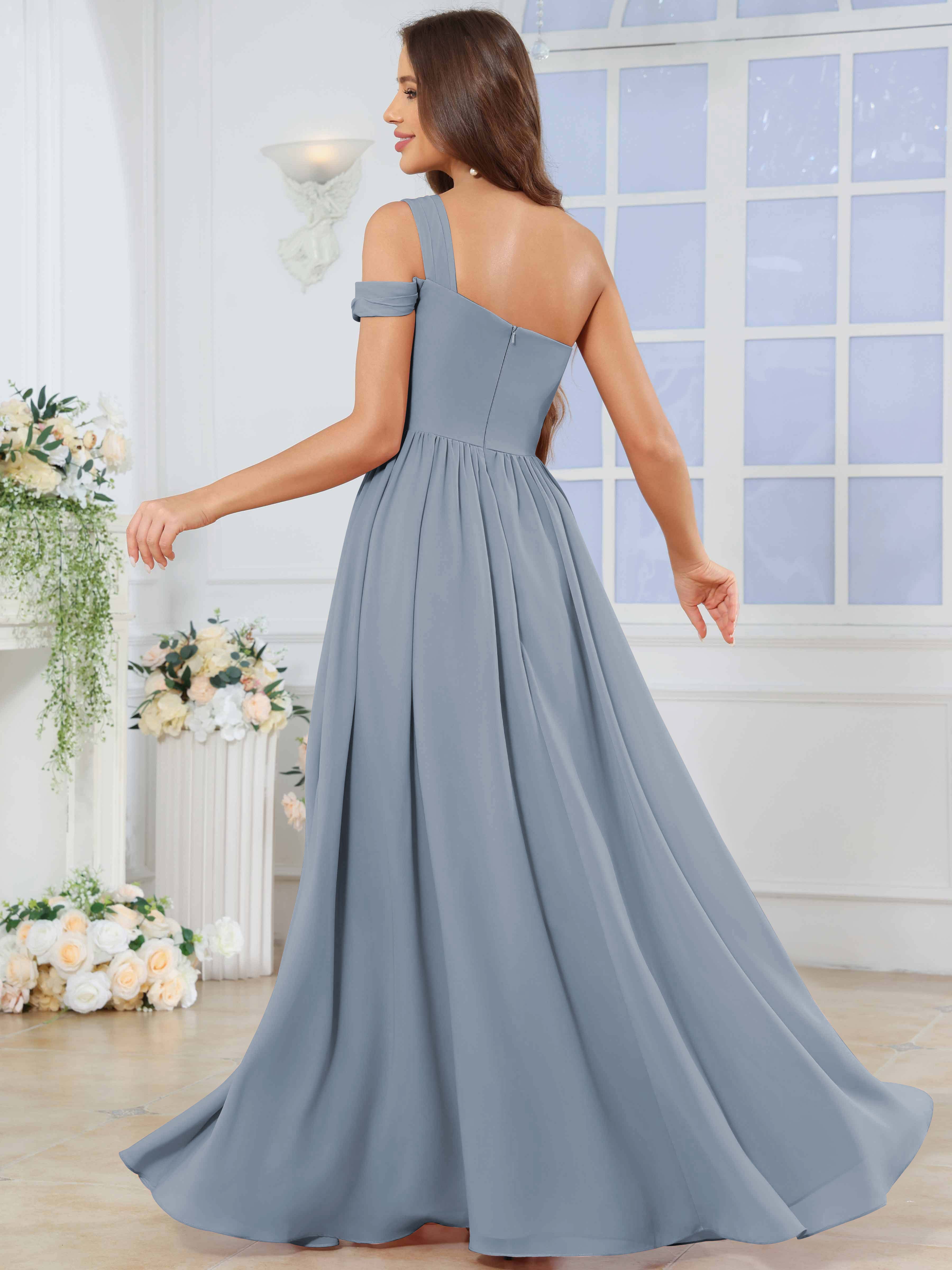 ROVDESY One Shoulder Pleated Chiffon Bridesmaid Dress With Slit