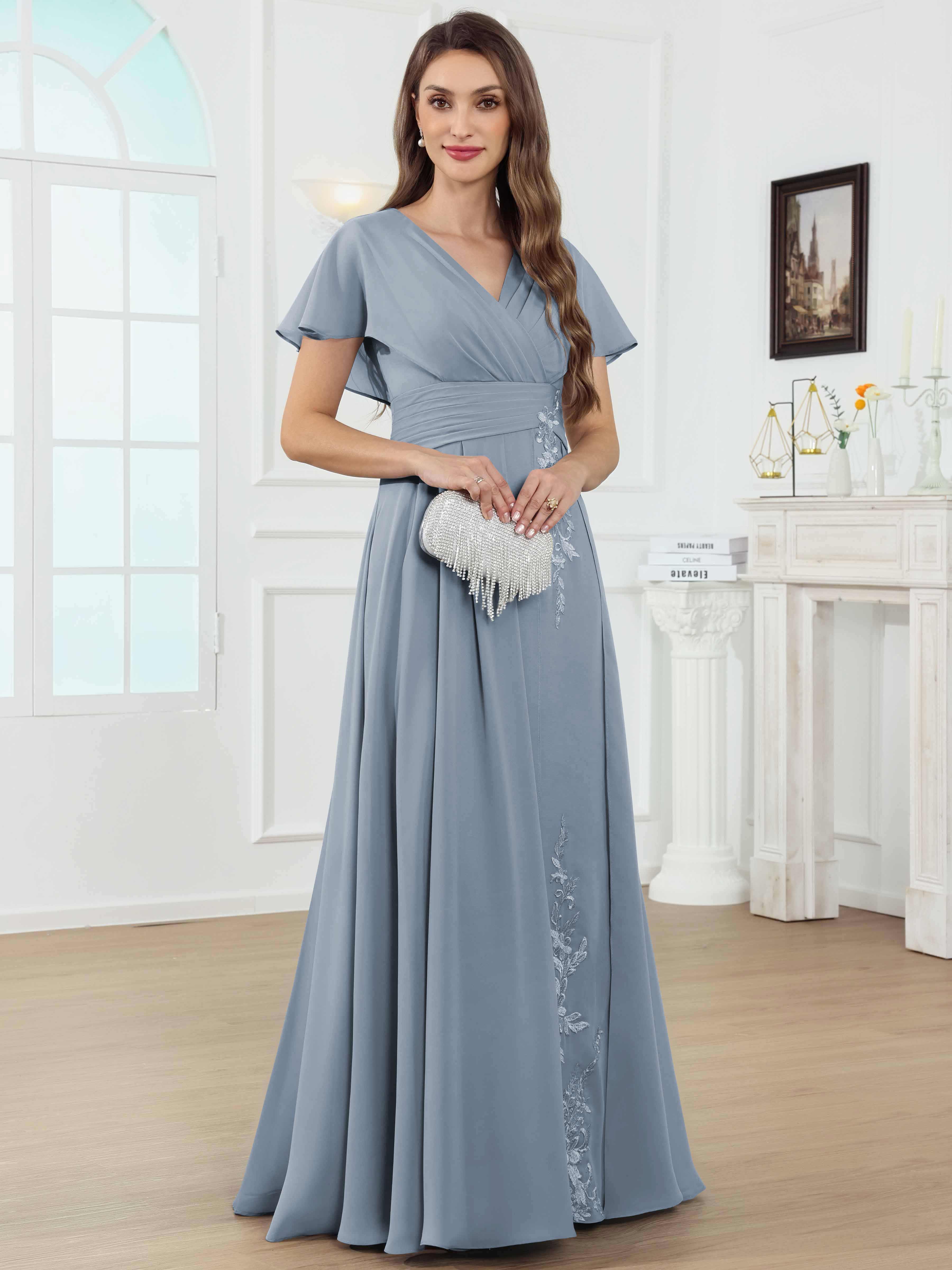 ROVDESY A-Line V-Neck Pleated Lace Chiffon Mother Of The Bride Dress With Short Sleeves