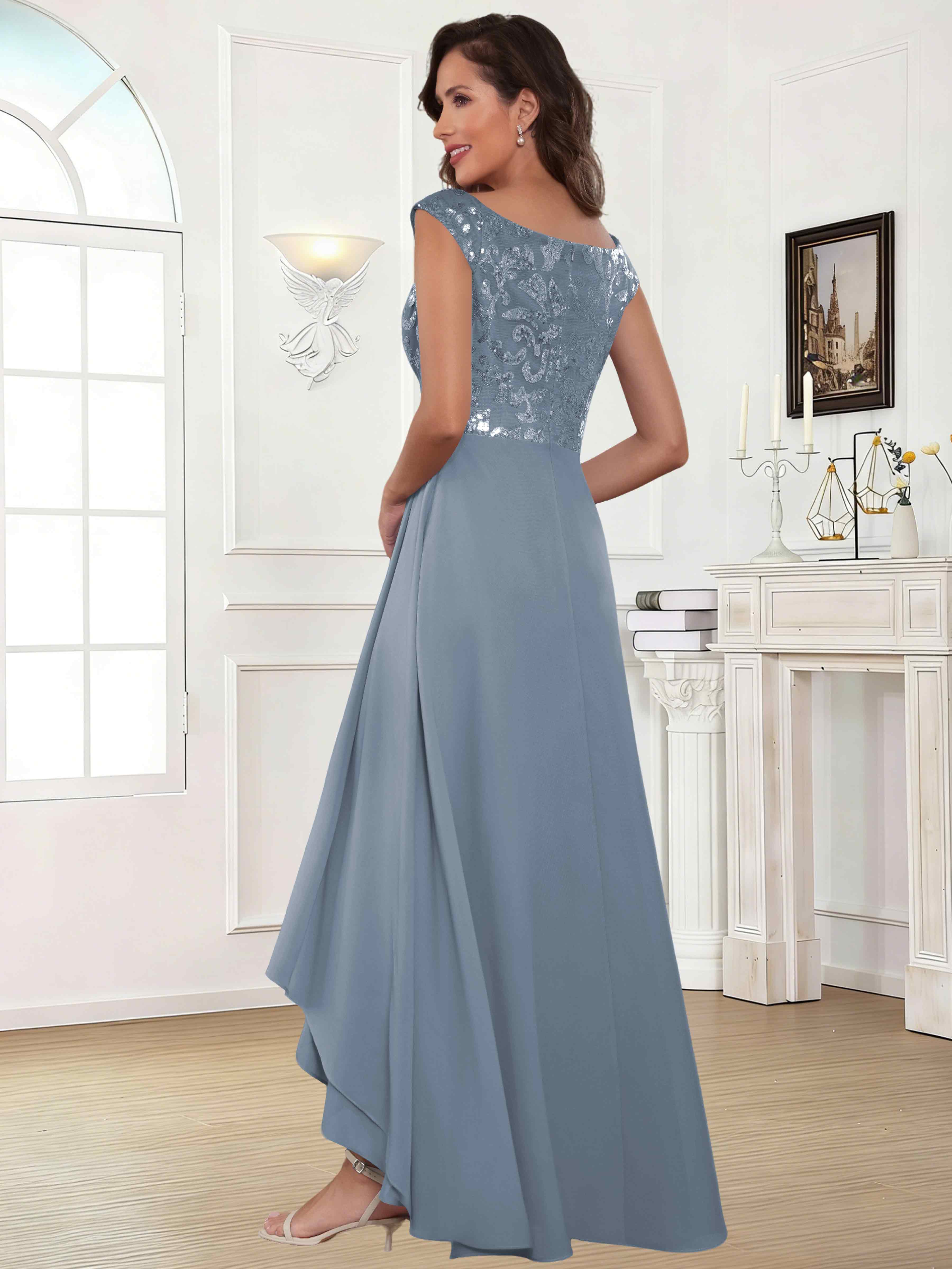 ROVDESY Tea Length Off-The-Shoulder Sequin Chiffon Mother Of The Bride Dress