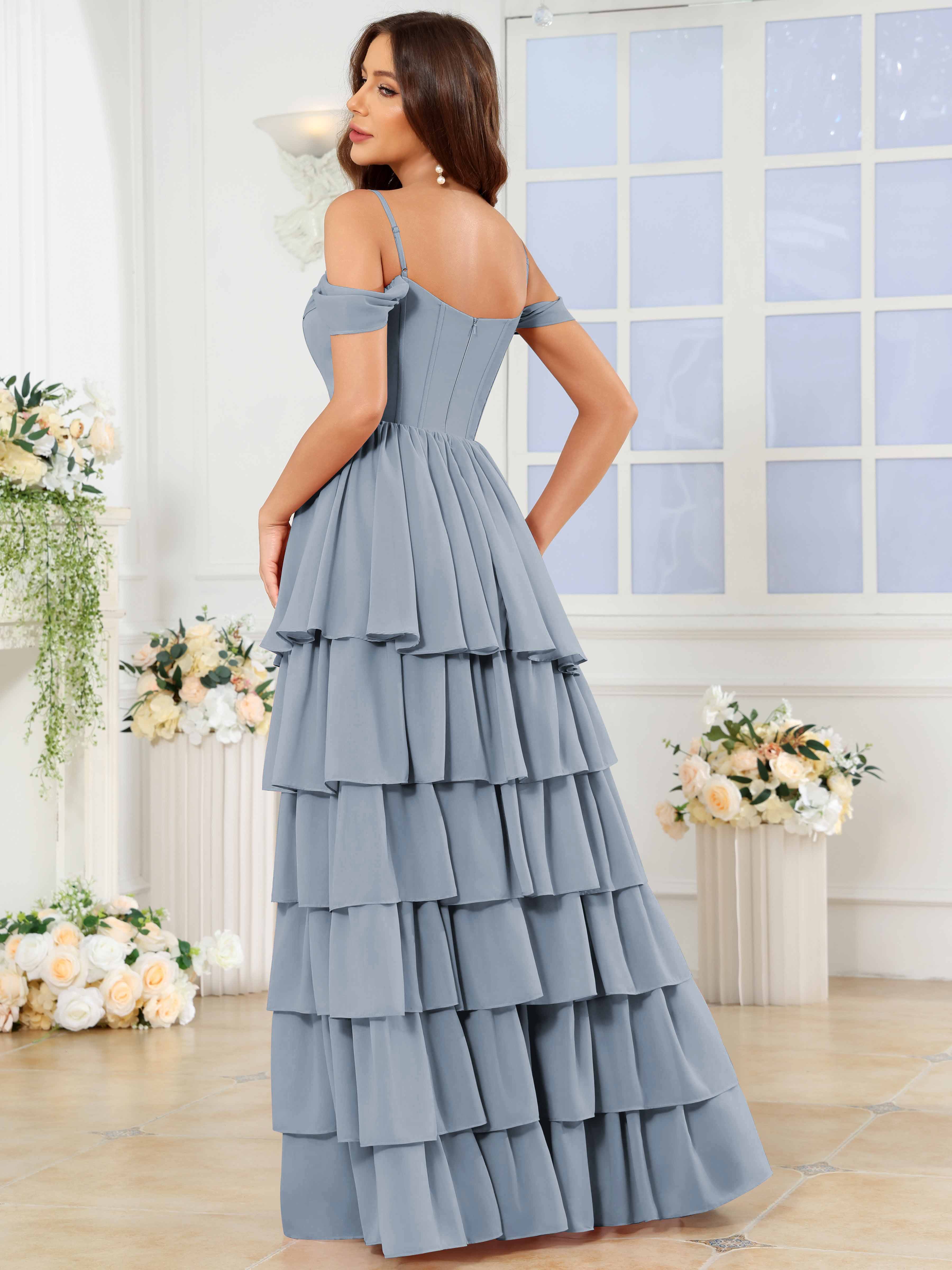 ROVDESY A-Line Off The Shoulder Tiered Chiffon Bridesmaid/Prom Dress With Slit