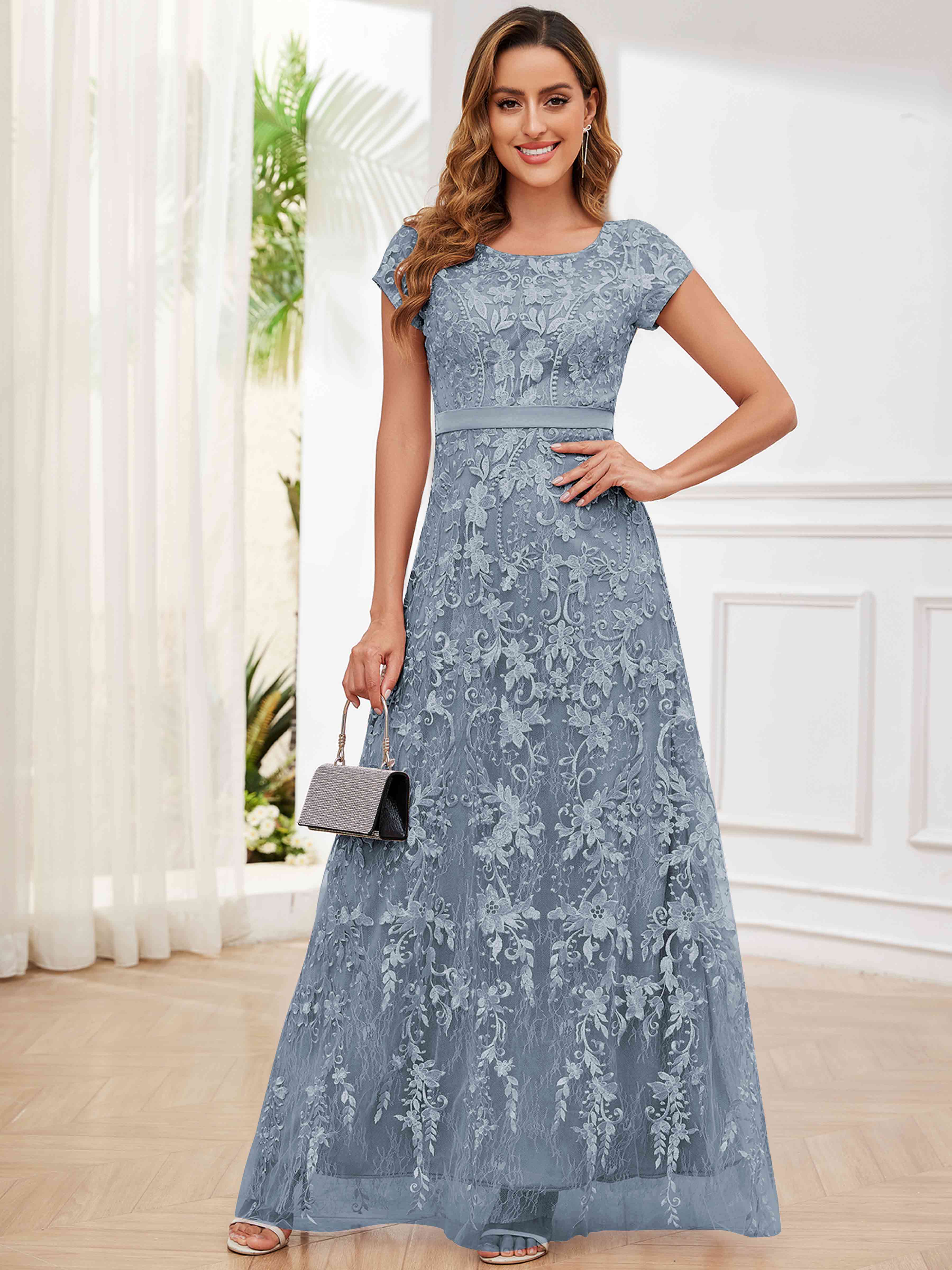 ROVDESY Elegant Lace Mother Of The Bride Dress With Short Sleeves Formal Gown