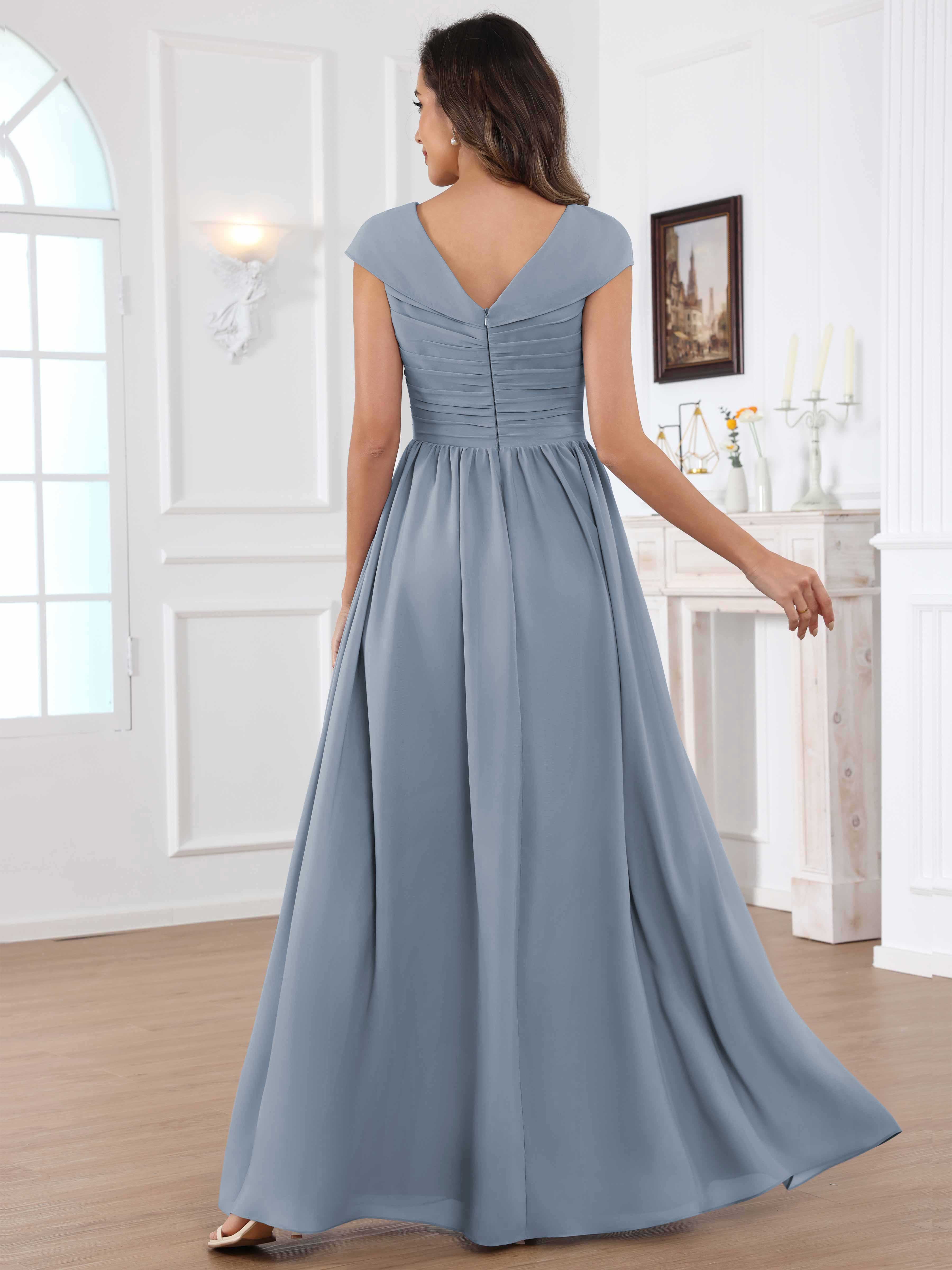 ROVDESY A-Line Cap Sleeves Pleated Chiffon Mother Of The Bride Dress