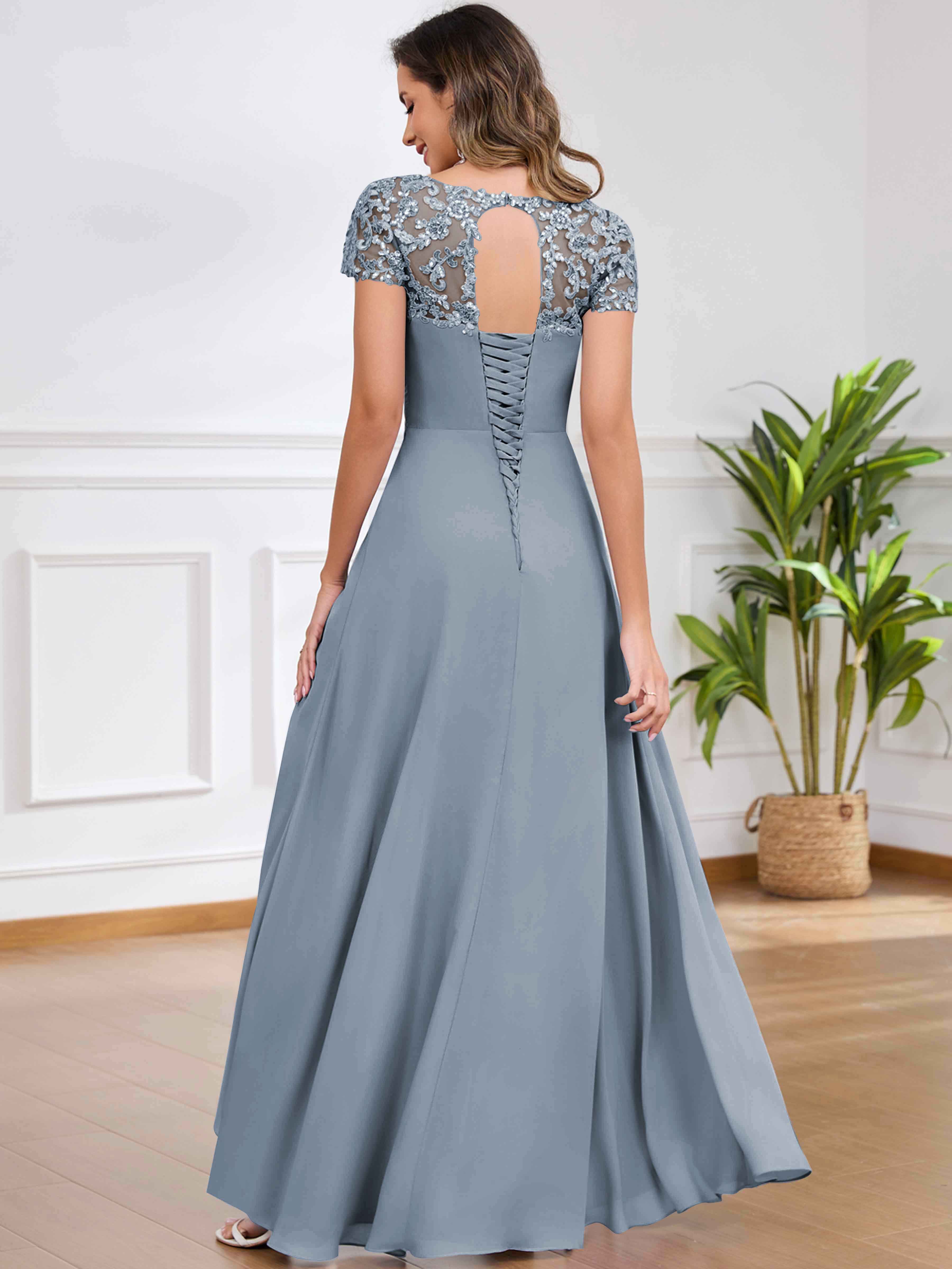 ROVDESY A-Line Pleated Lace Sequin Ruffle Chiffon Mother Of The Bride Dress With Slit