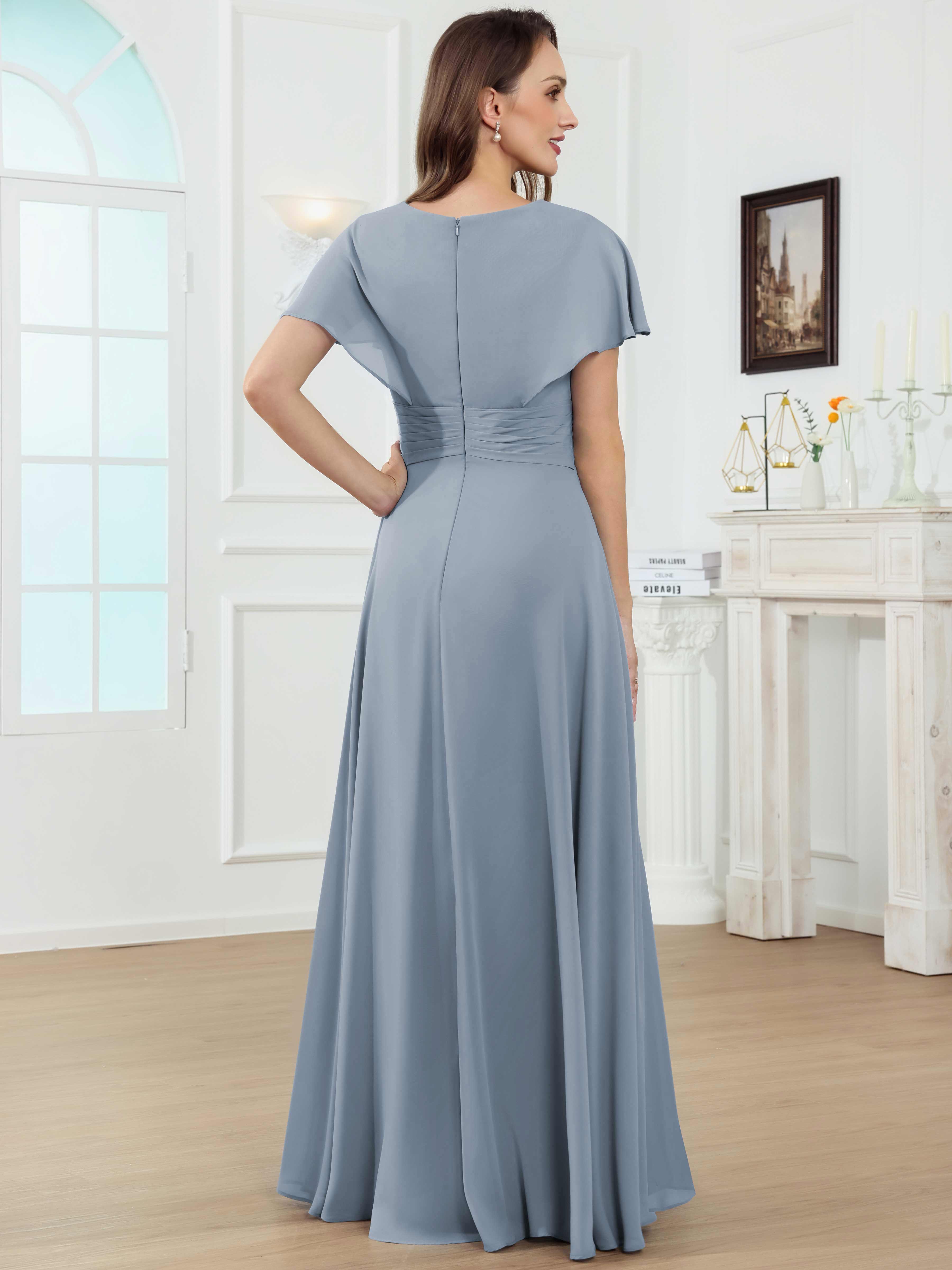ROVDESY A-Line V-Neck Pleated Lace Chiffon Mother Of The Bride Dress With Short Sleeves