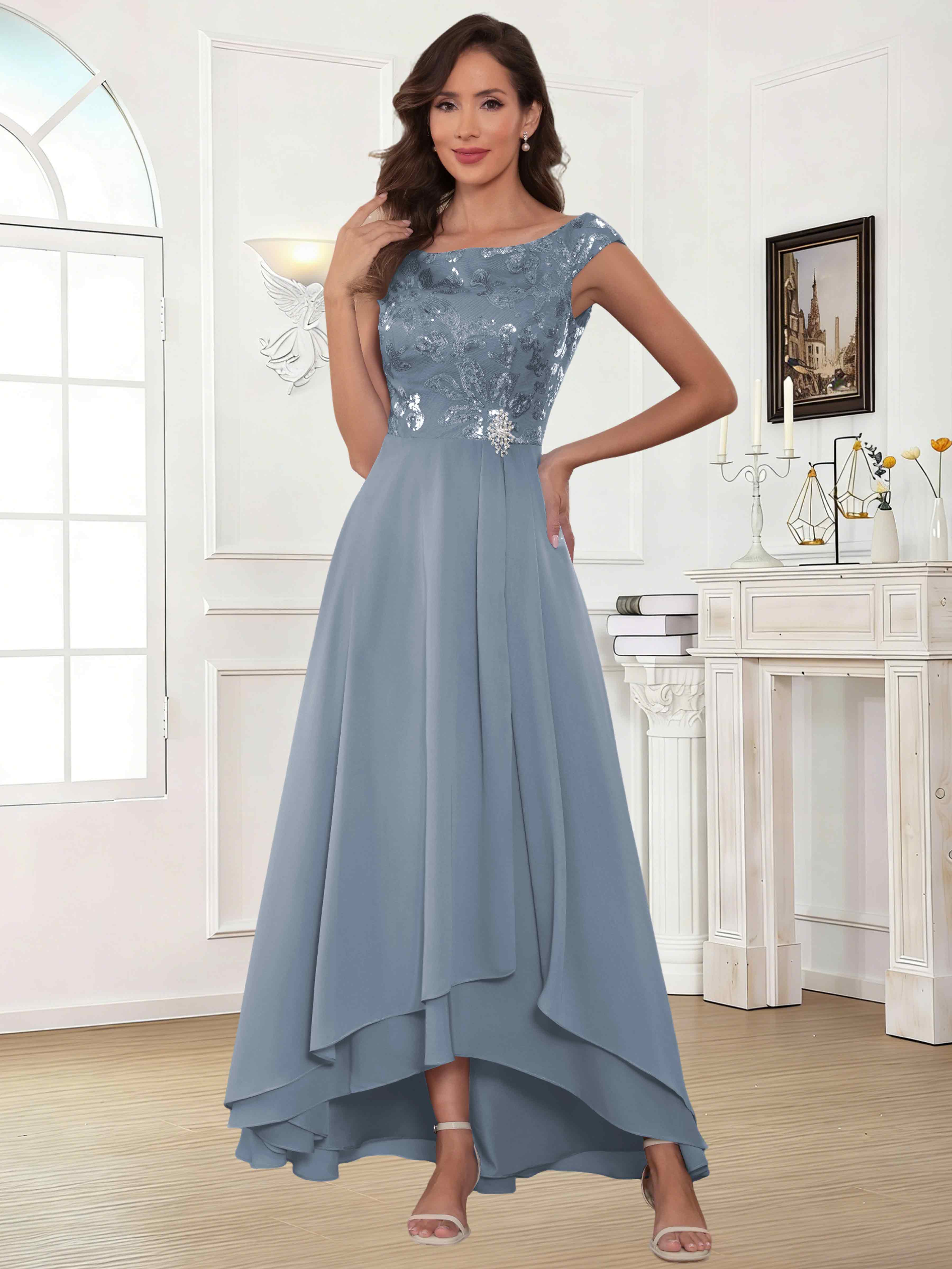 ROVDESY Tea Length Off-The-Shoulder Sequin Chiffon Mother Of The Bride Dress