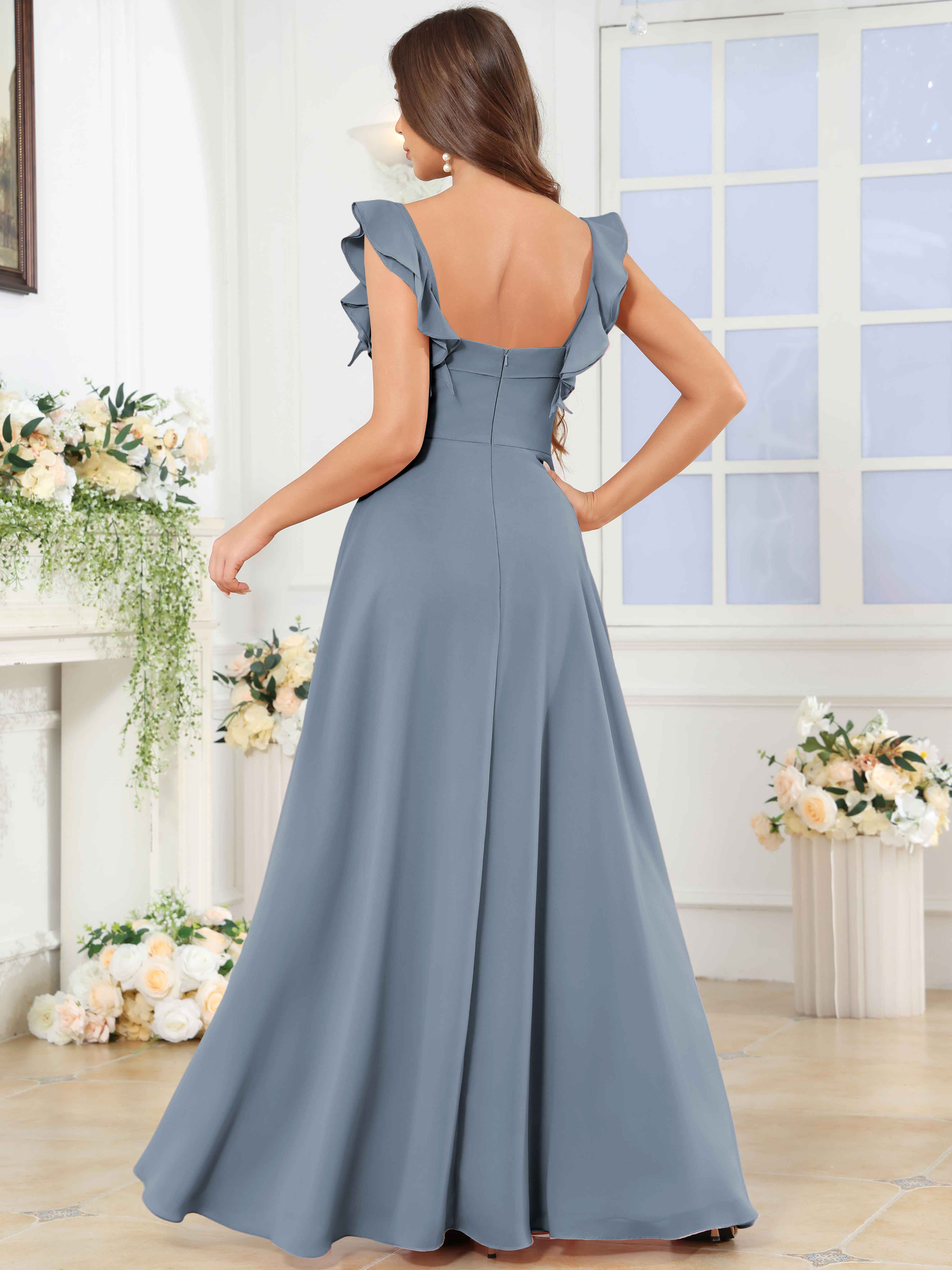 ROVDESY Square Neck Ruffle Chffion Bridesmaid Dress With Slit
