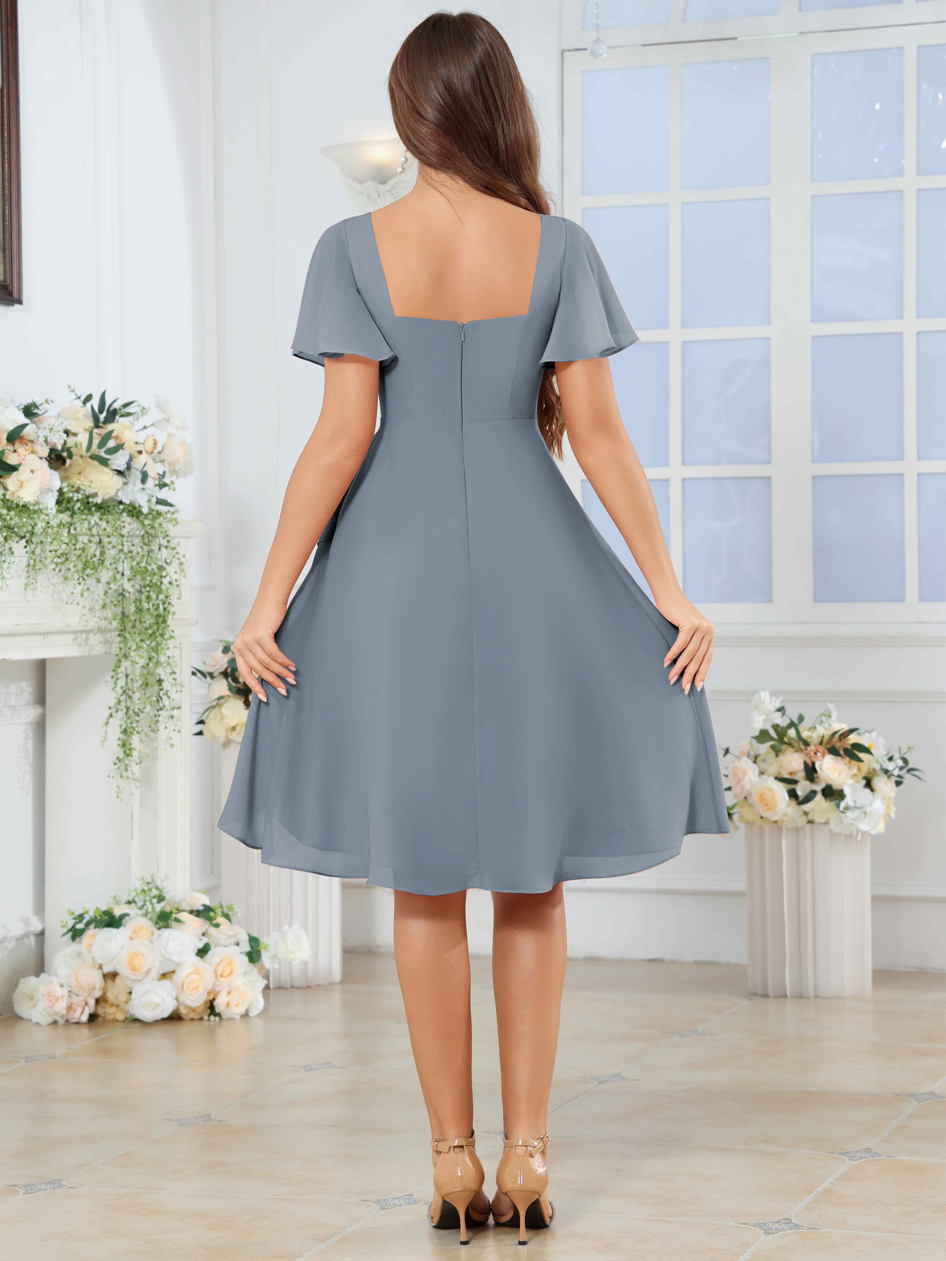 ROVDESY Knee Length V-Neck Pleated Chiffon Bridesmaid Dress With Short Sleeves