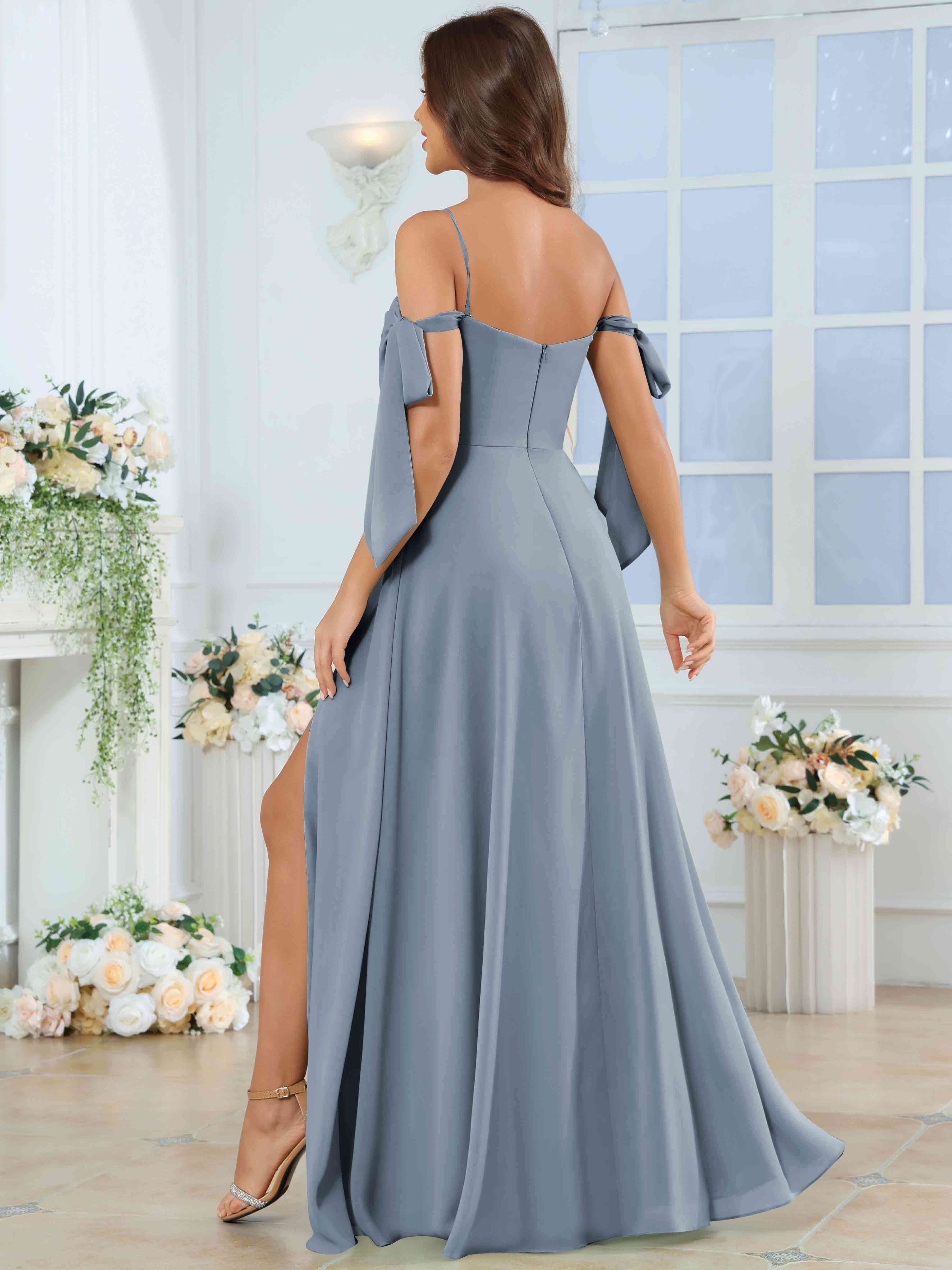 ROVDESY Spaghetti Strap Pleated Ruffle Slit Chiffon Bridesmaid Dress With Bow Sleeves