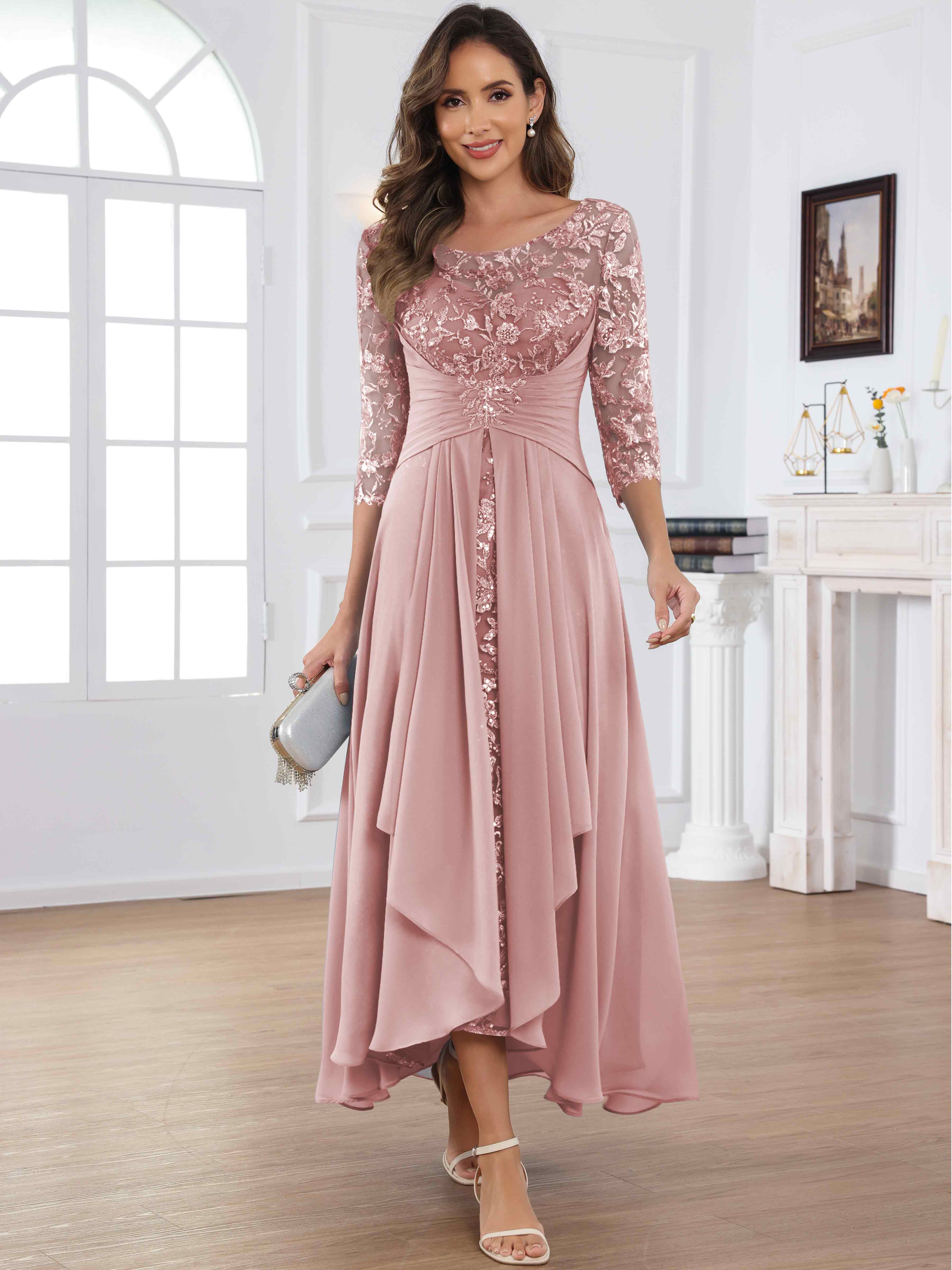 ROVDESY Tea Length Lace Chiffon Mother of The Bride Dress with 3/4 Sleeves