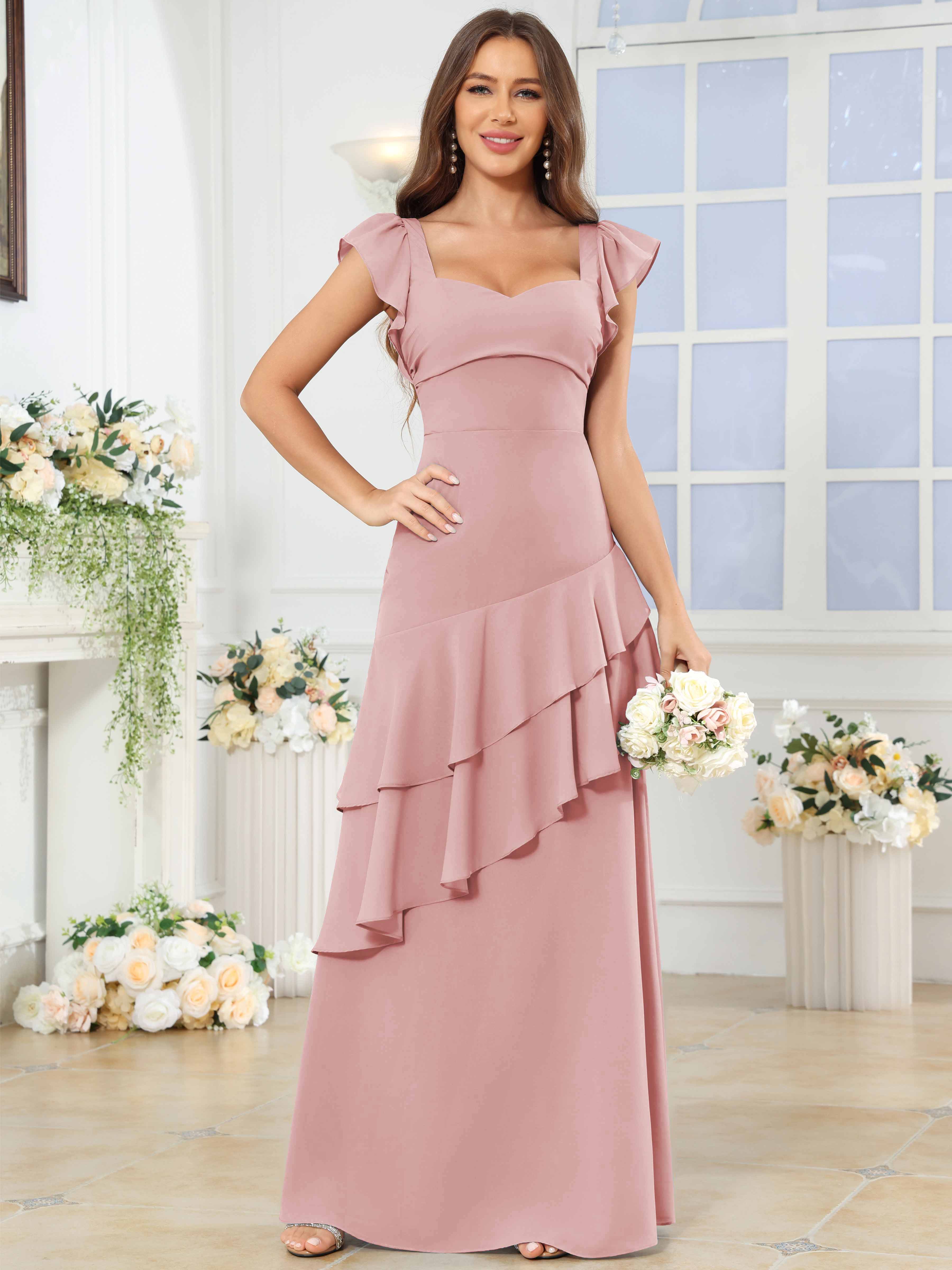 ROVDESY Sweetheart Tiered Ruffle Chiffon Bridesmaid Dress With Short Sleeves