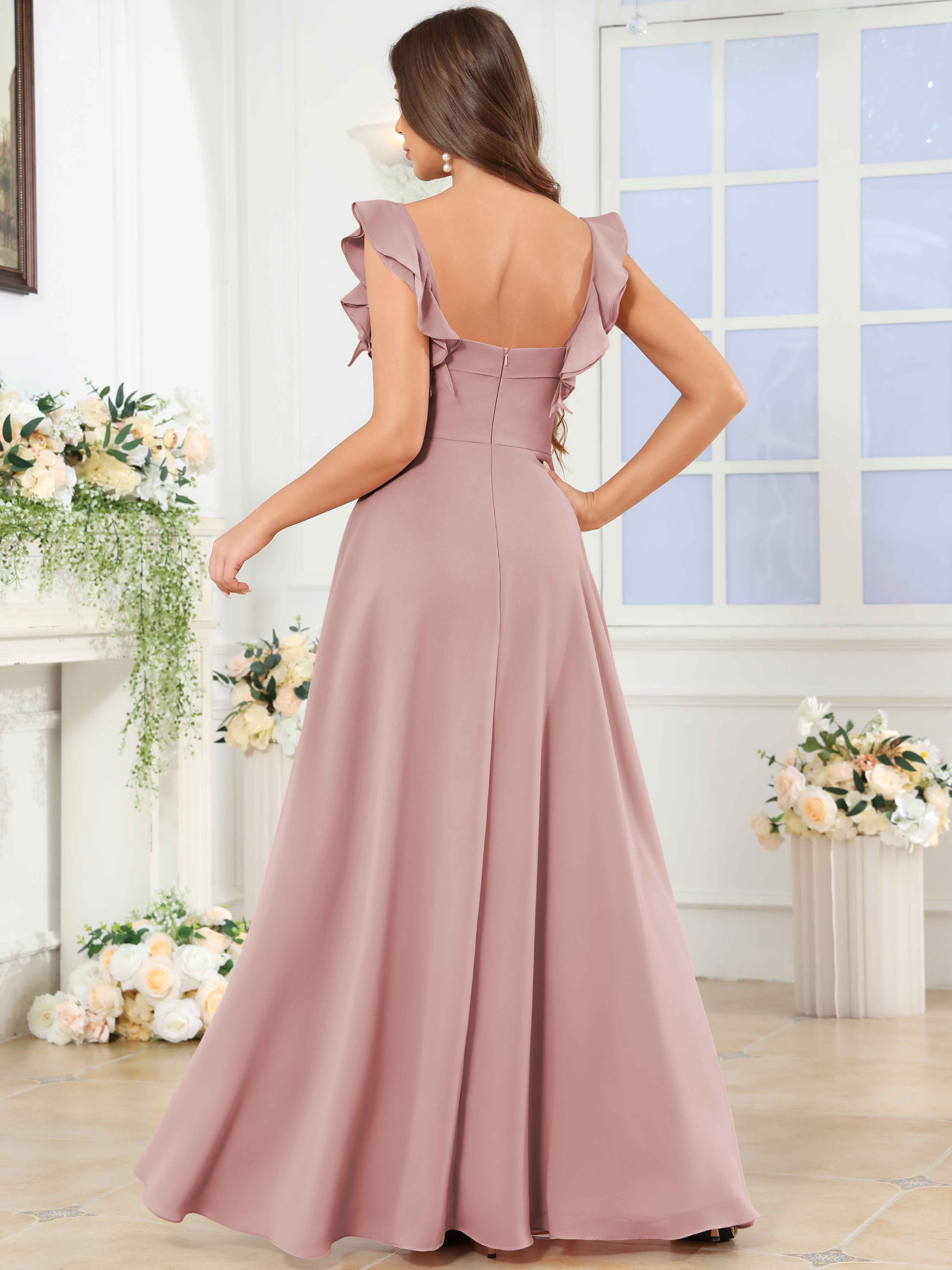 ROVDESY Square Neck Ruffle Chffion Bridesmaid Dress With Slit