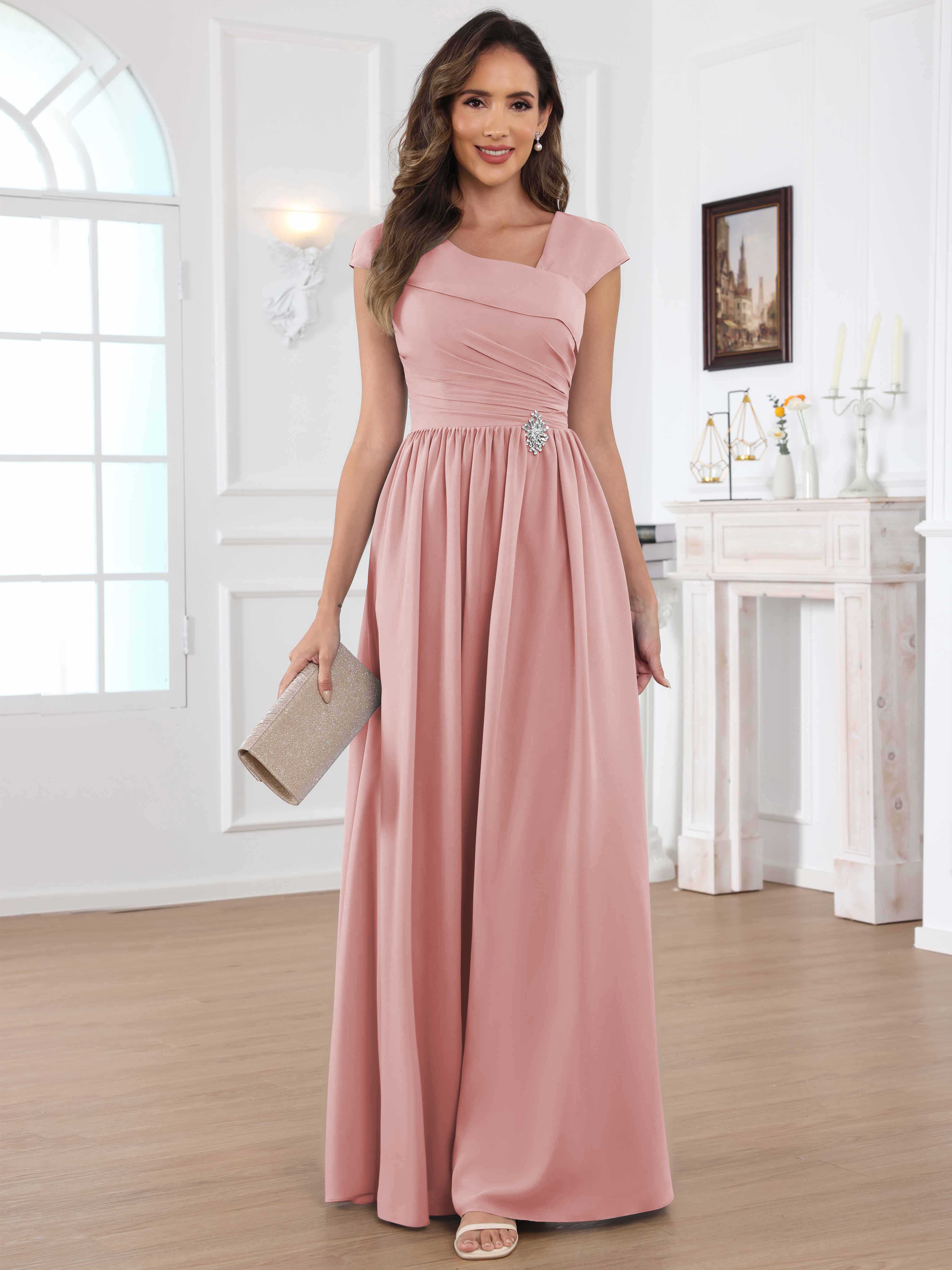 ROVDESY A-Line Cap Sleeves Pleated Chiffon Mother Of The Bride Dress
