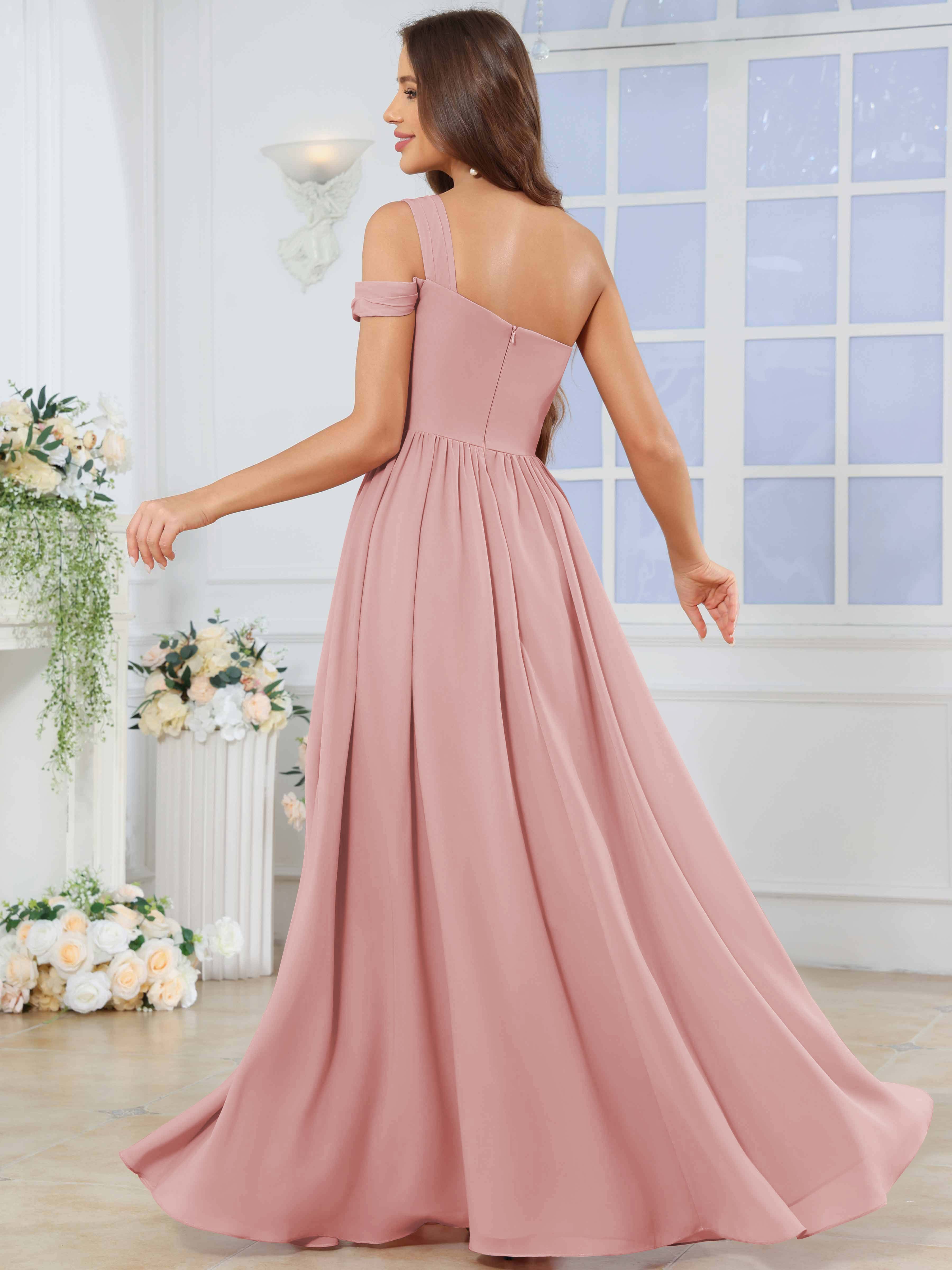 ROVDESY One Shoulder Pleated Chiffon Bridesmaid Dress With Slit