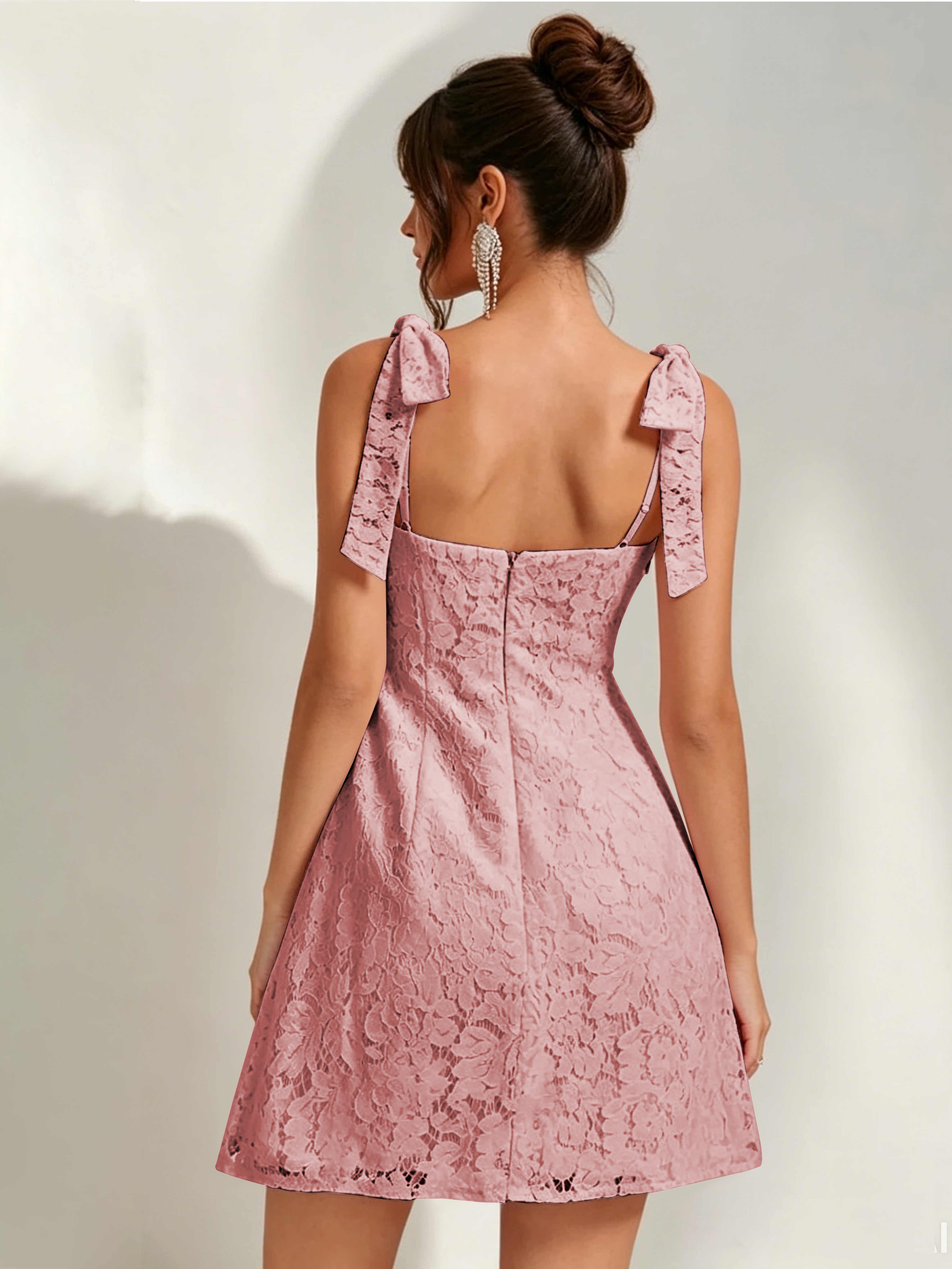 ROVDESY Bow Tie Spaghetti Strap A-Line  Floral Lace Mini Dress