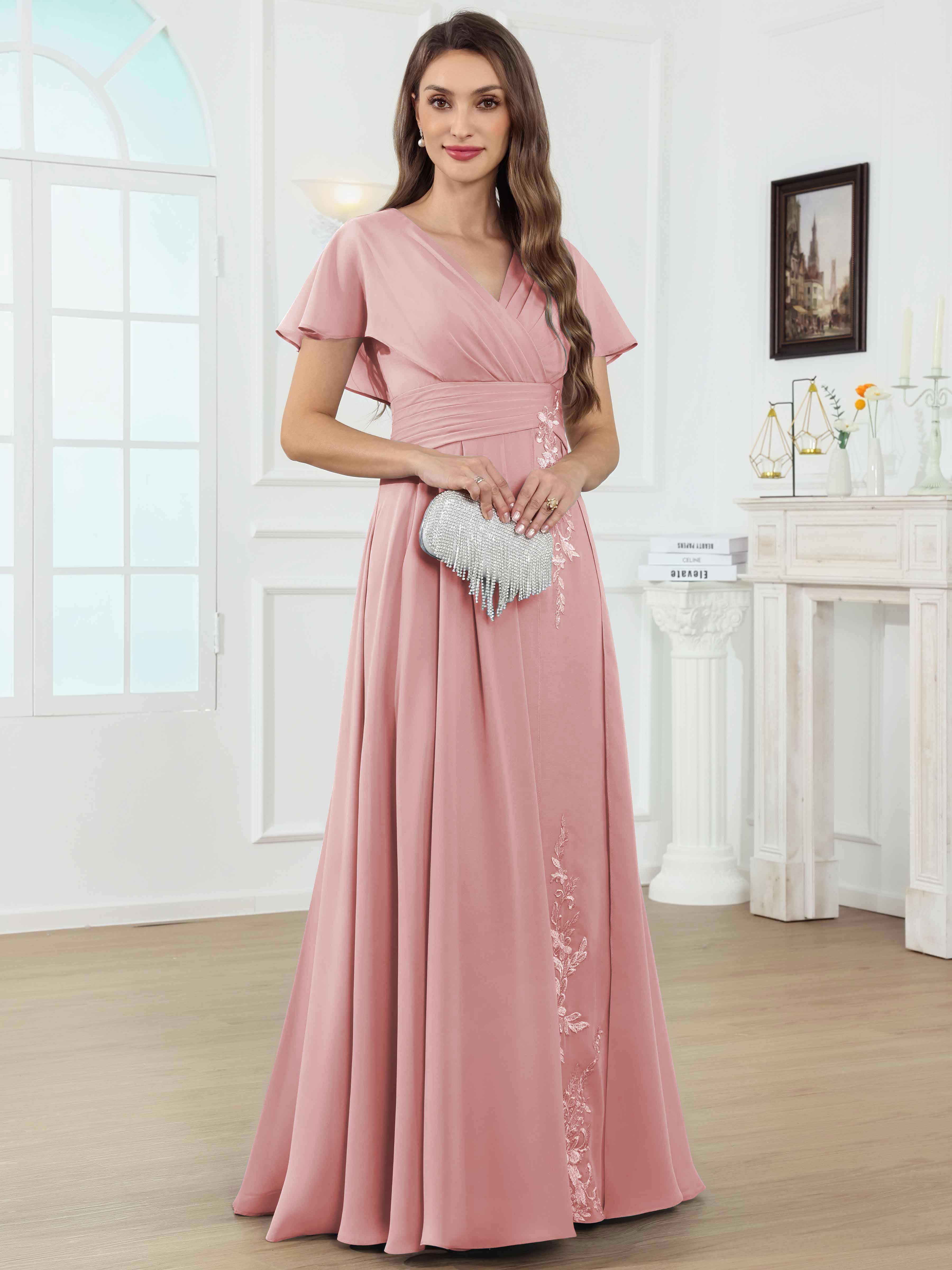 ROVDESY A-Line V-Neck Pleated Lace Chiffon Mother Of The Bride Dress With Short Sleeves