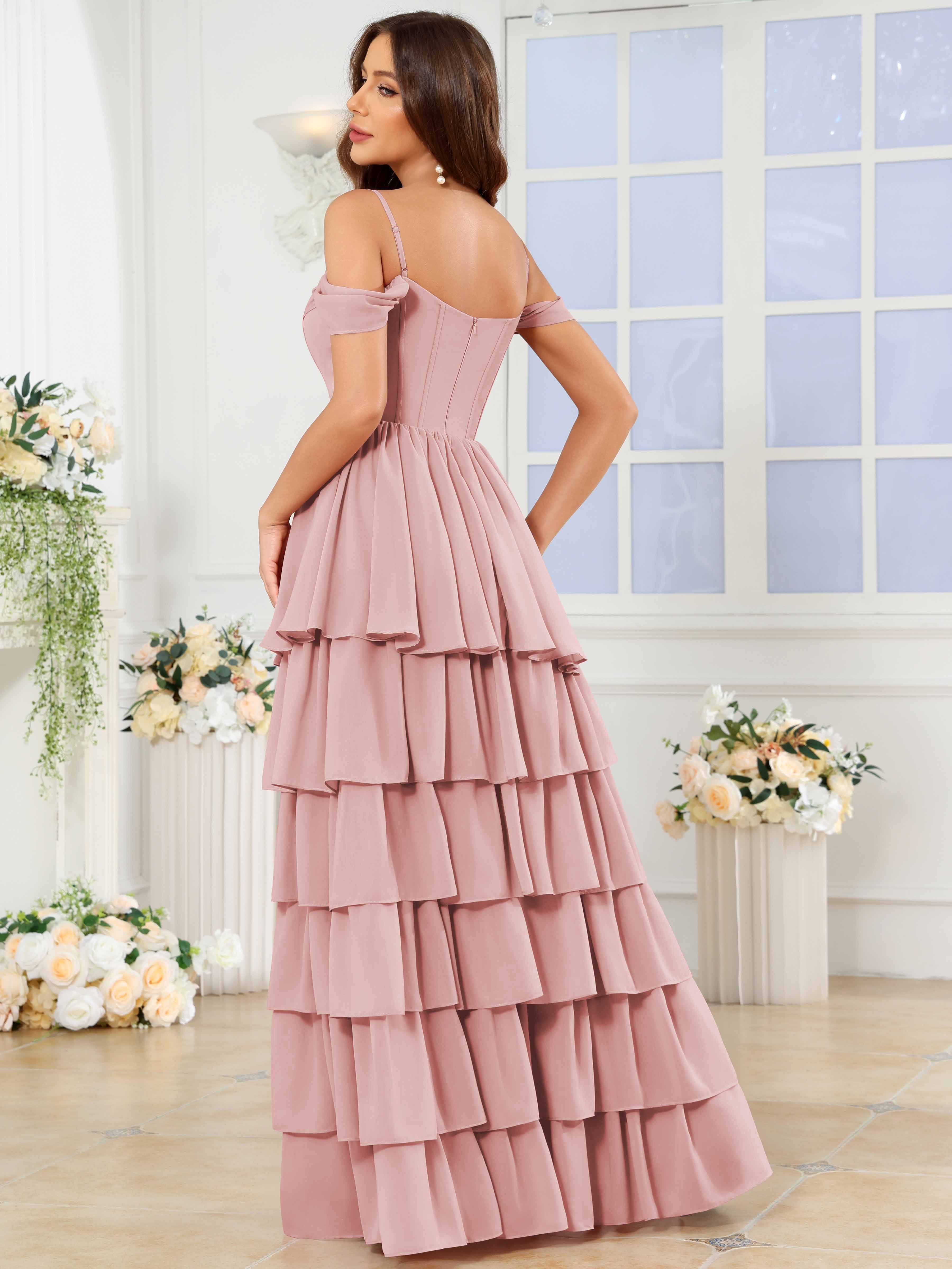 ROVDESY A-Line Off The Shoulder Tiered Chiffon Bridesmaid/Prom Dress With Slit