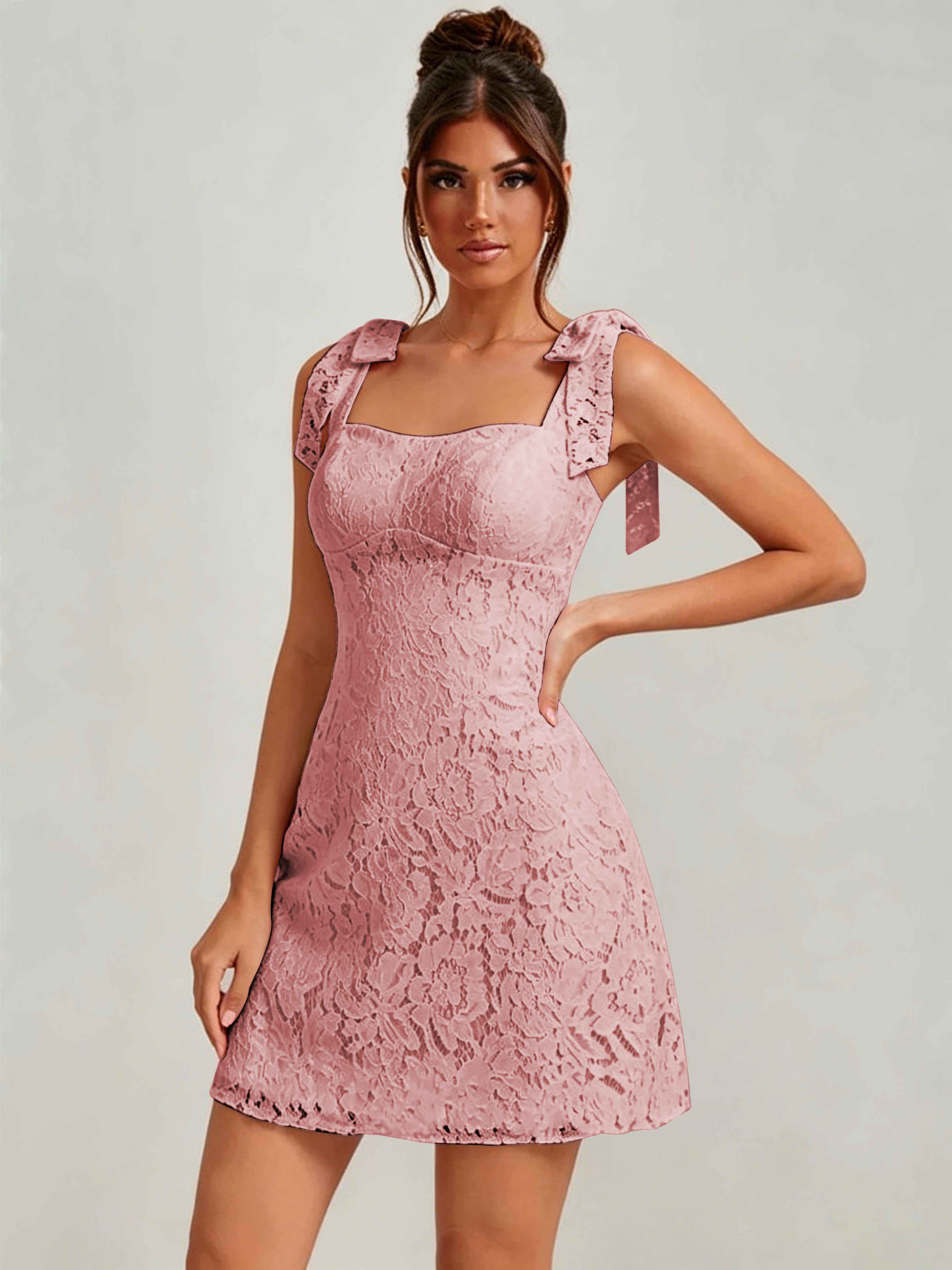 ROVDESY Bow Tie Spaghetti Strap A-Line  Floral Lace Mini Dress