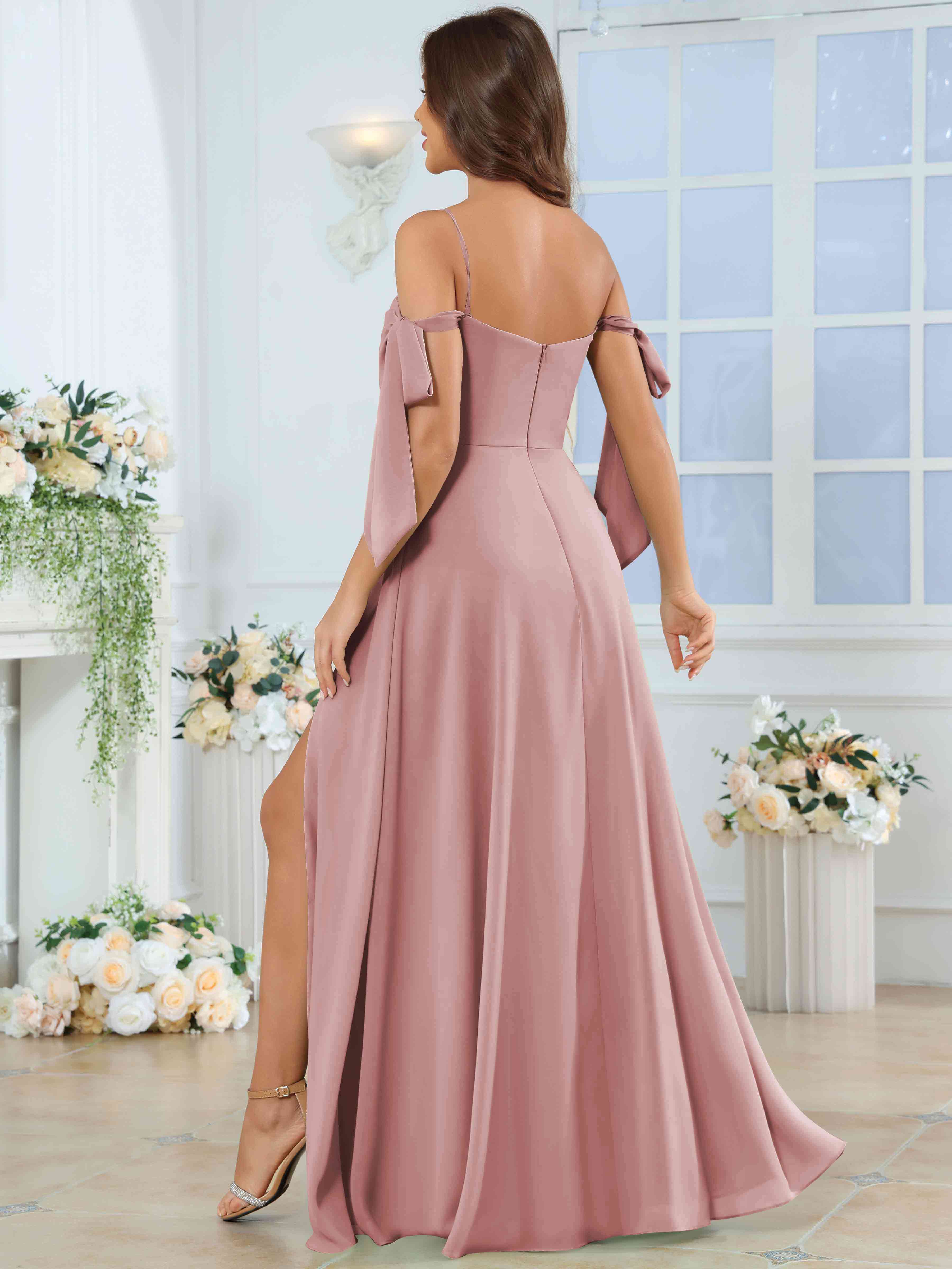 ROVDESY Spaghetti Strap Pleated Ruffle Slit Chiffon Bridesmaid Dress With Bow Sleeves