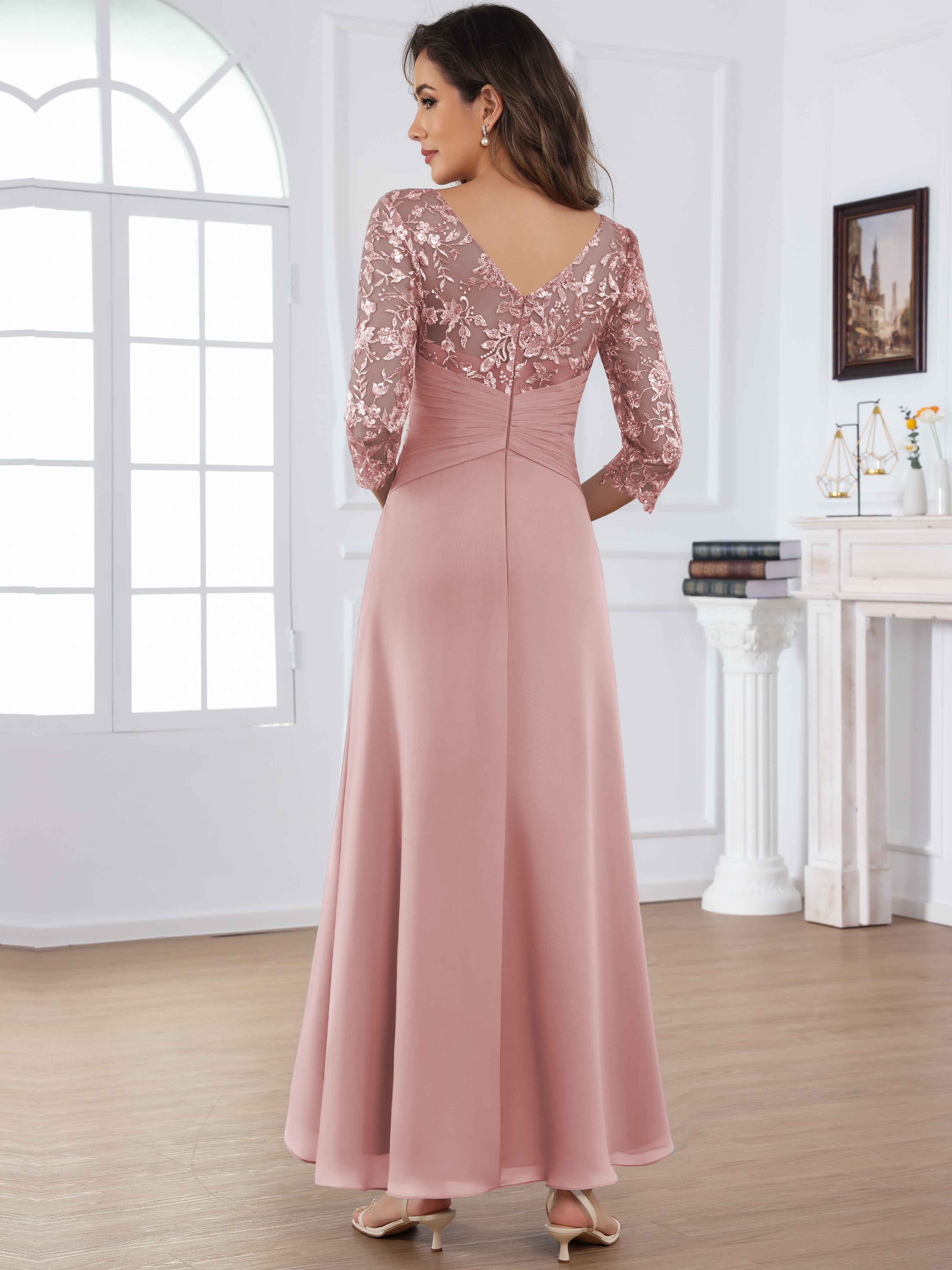 ROVDESY Tea Length Lace Chiffon Mother of The Bride Dress with 3/4 Sleeves