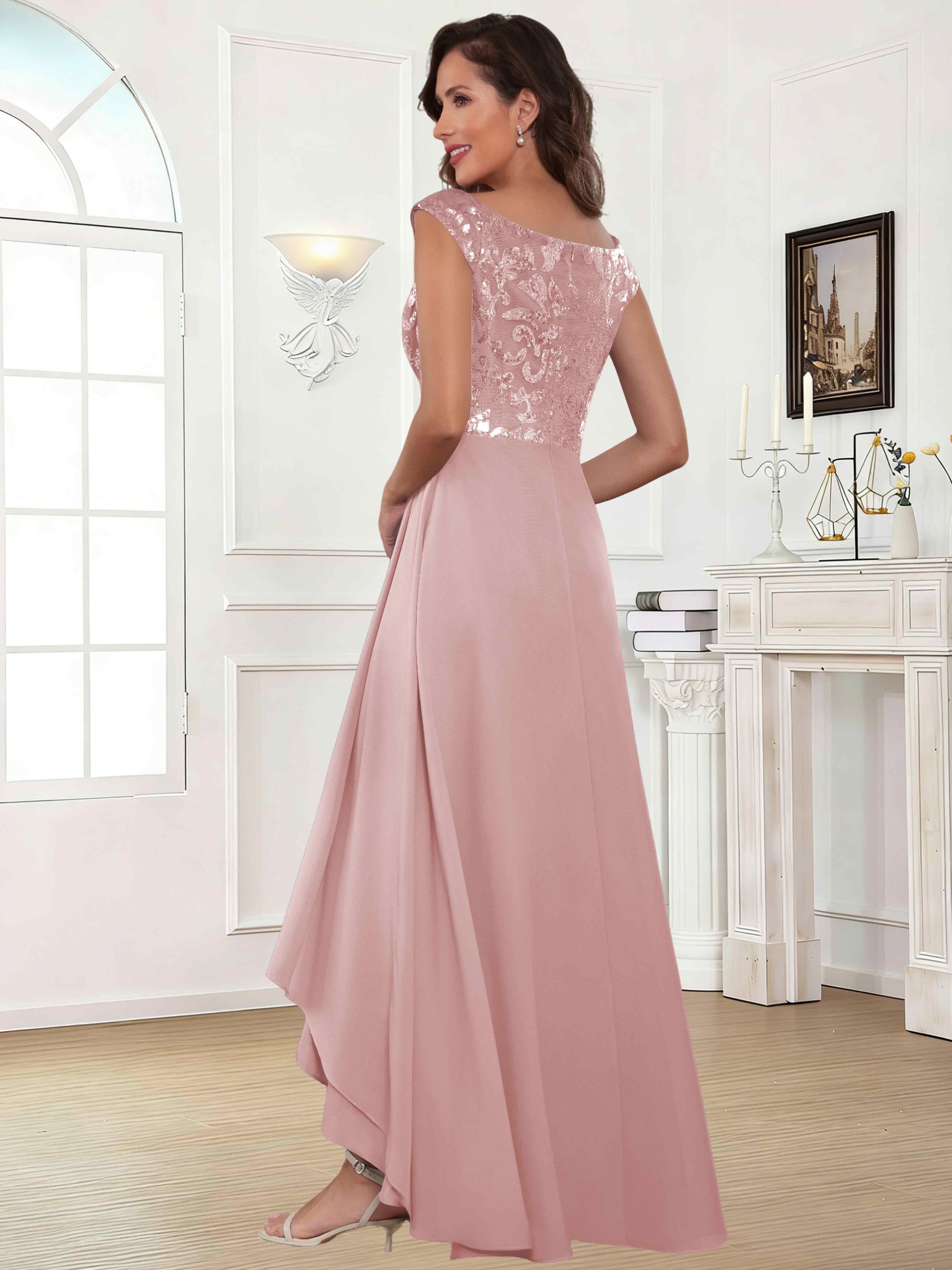 ROVDESY Tea Length Off-The-Shoulder Sequin Chiffon Mother Of The Bride Dress