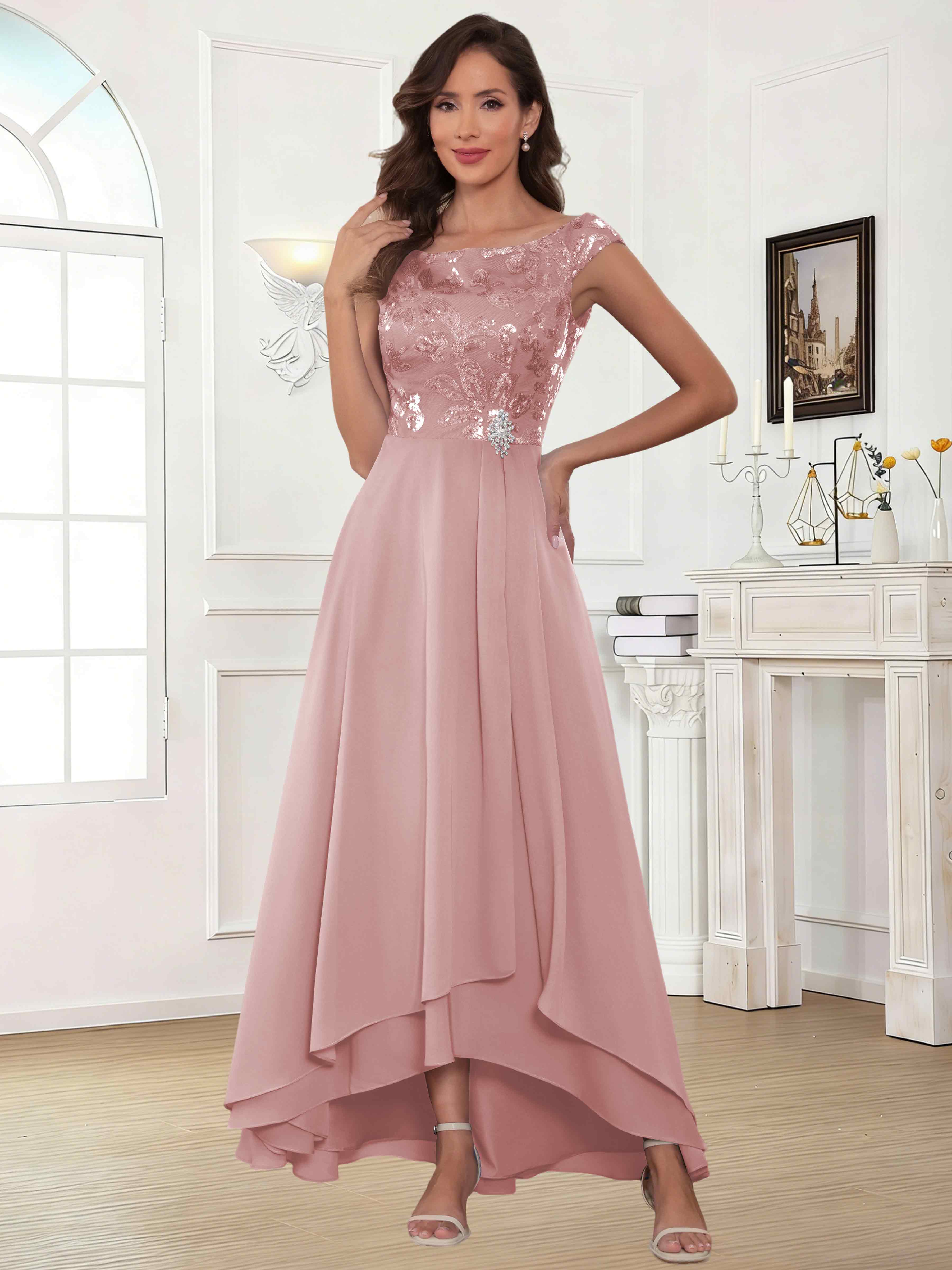 ROVDESY Tea Length Off-The-Shoulder Sequin Chiffon Mother Of The Bride Dress