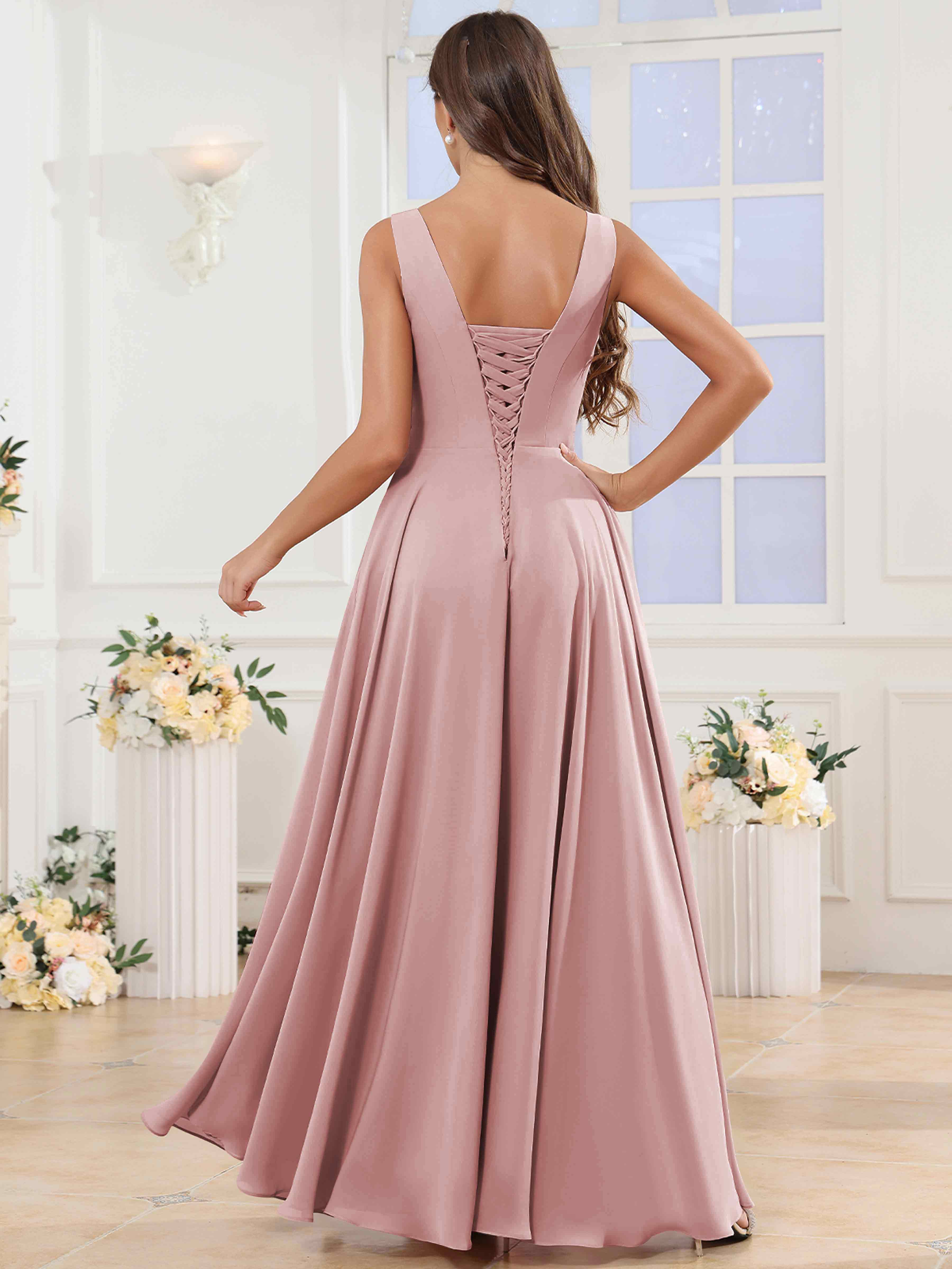 ROVDESY V-Neck Pleated Sleeveless Ruffle Chiffon Bridesmaid Dress With Slit
