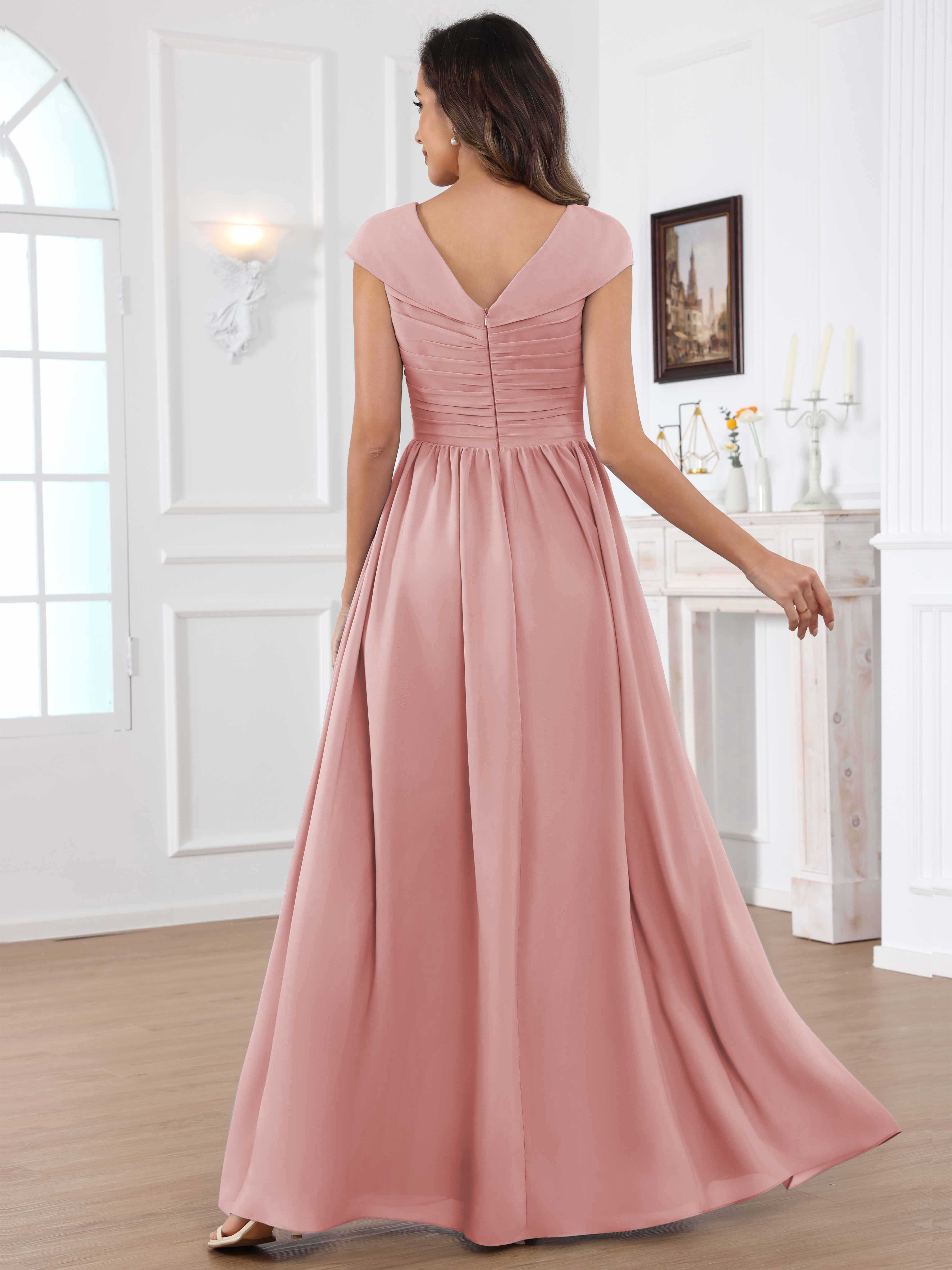 ROVDESY A-Line Cap Sleeves Pleated Chiffon Mother Of The Bride Dress