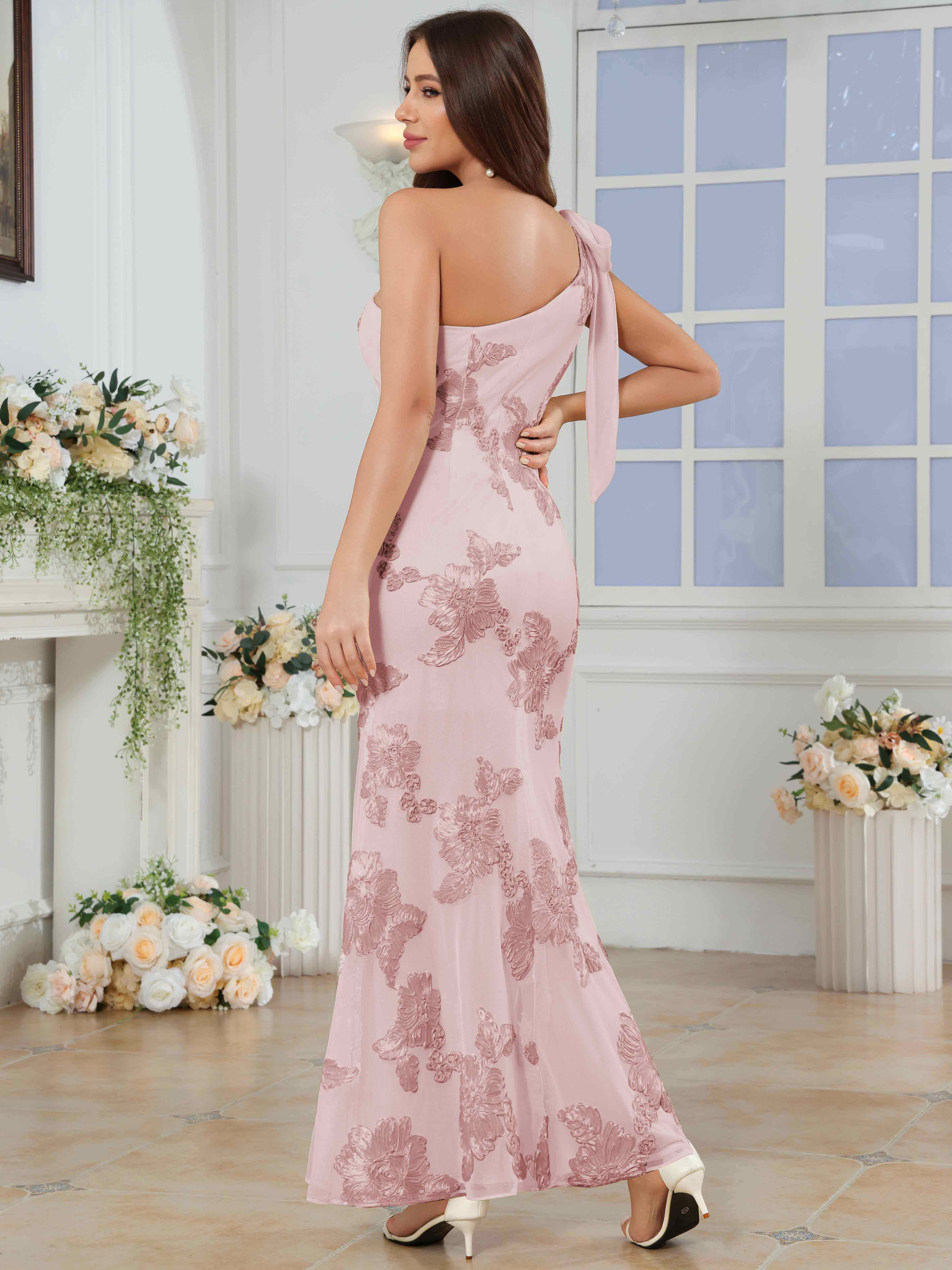 ROVDESY One-Shoulder Mermaid Floral Bridesmaid/Prom Dress