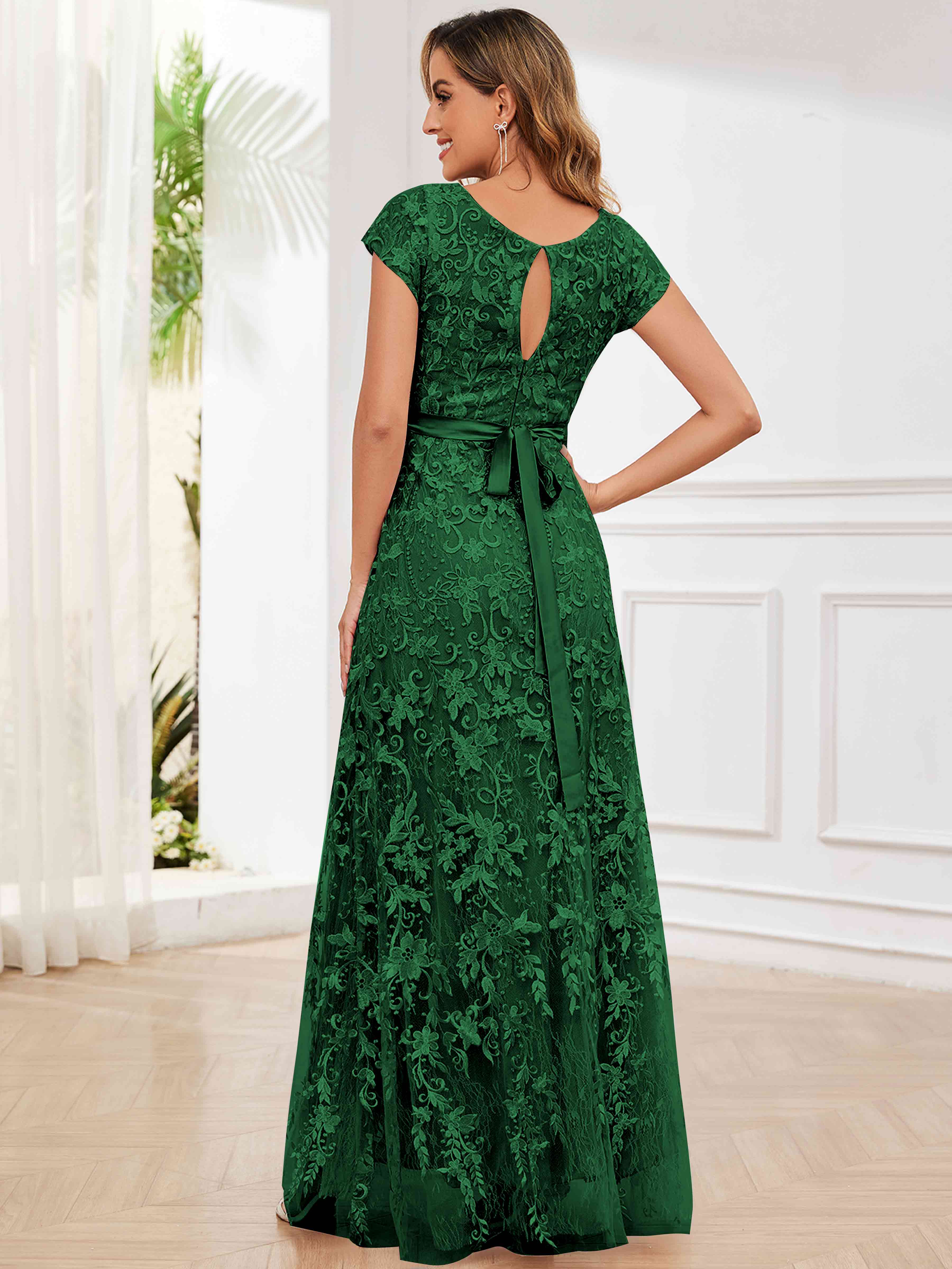 ROVDESY Elegant Lace Mother Of The Bride Dress With Short Sleeves Formal Gown