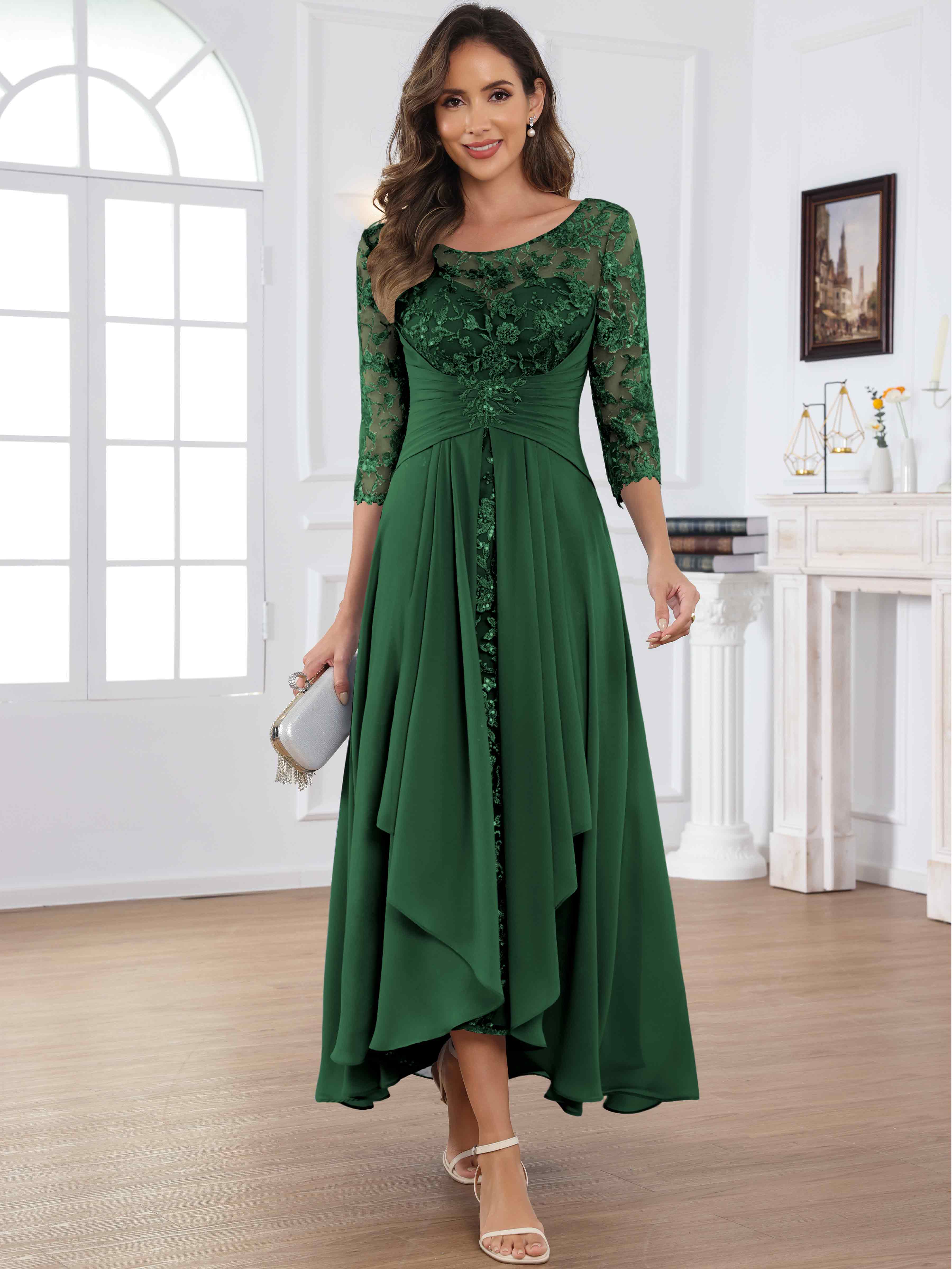 ROVDESY Tea Length Lace Chiffon Mother of The Bride Dress with 3/4 Sleeves