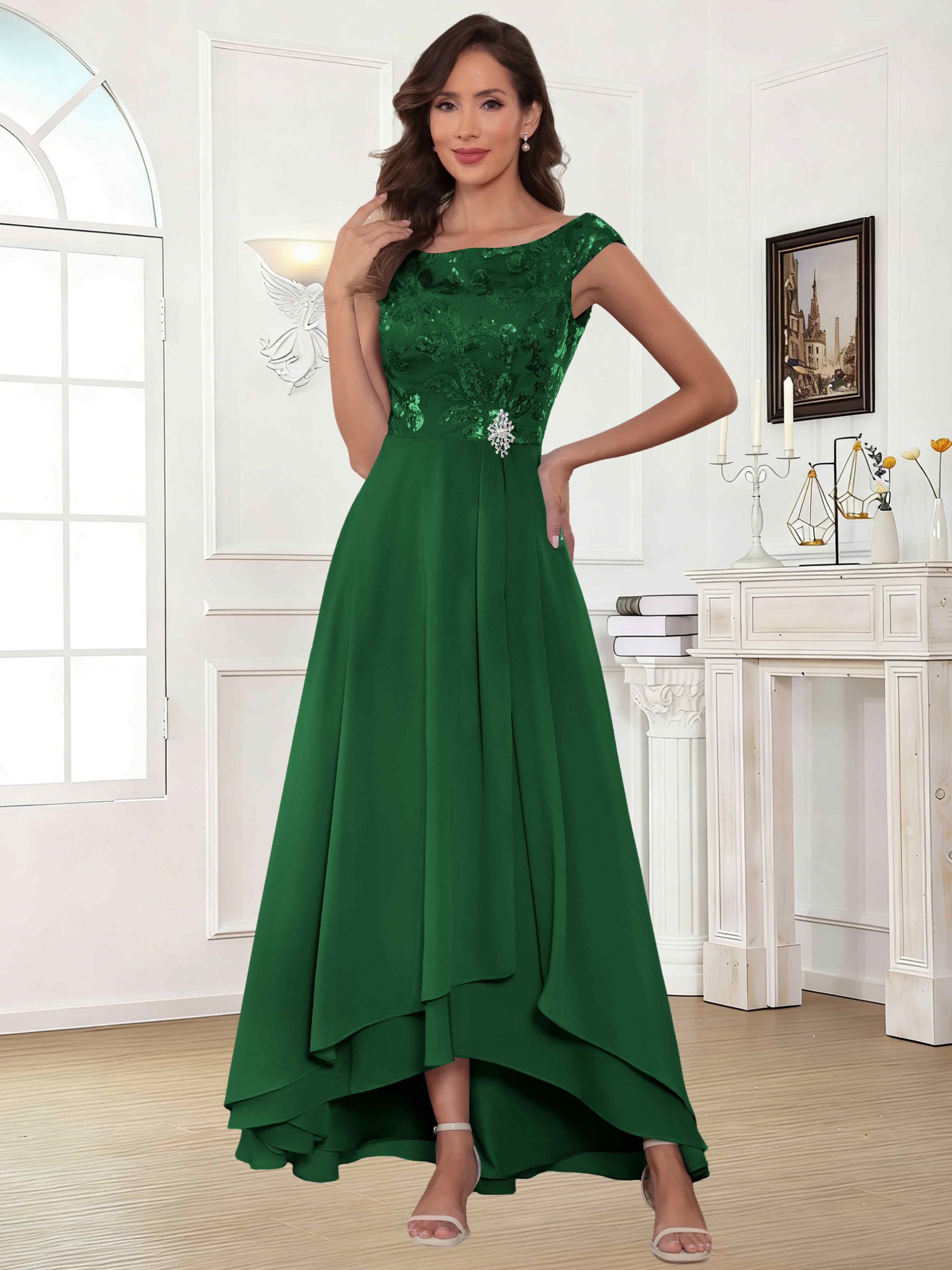 ROVDESY Tea Length Off-The-Shoulder Sequin Chiffon Mother Of The Bride Dress