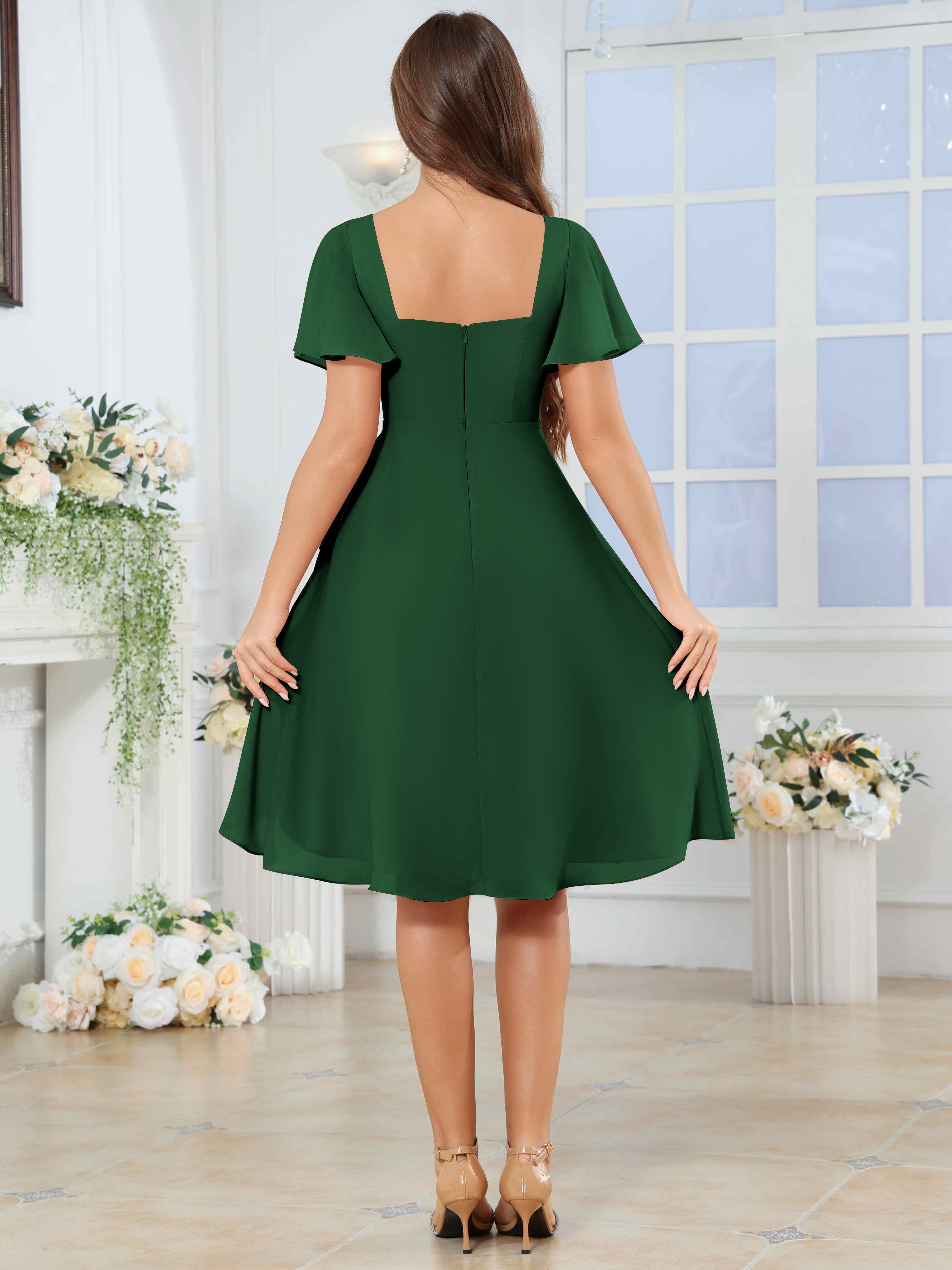 ROVDESY Knee Length V-Neck Pleated Chiffon Bridesmaid Dress With Short Sleeves