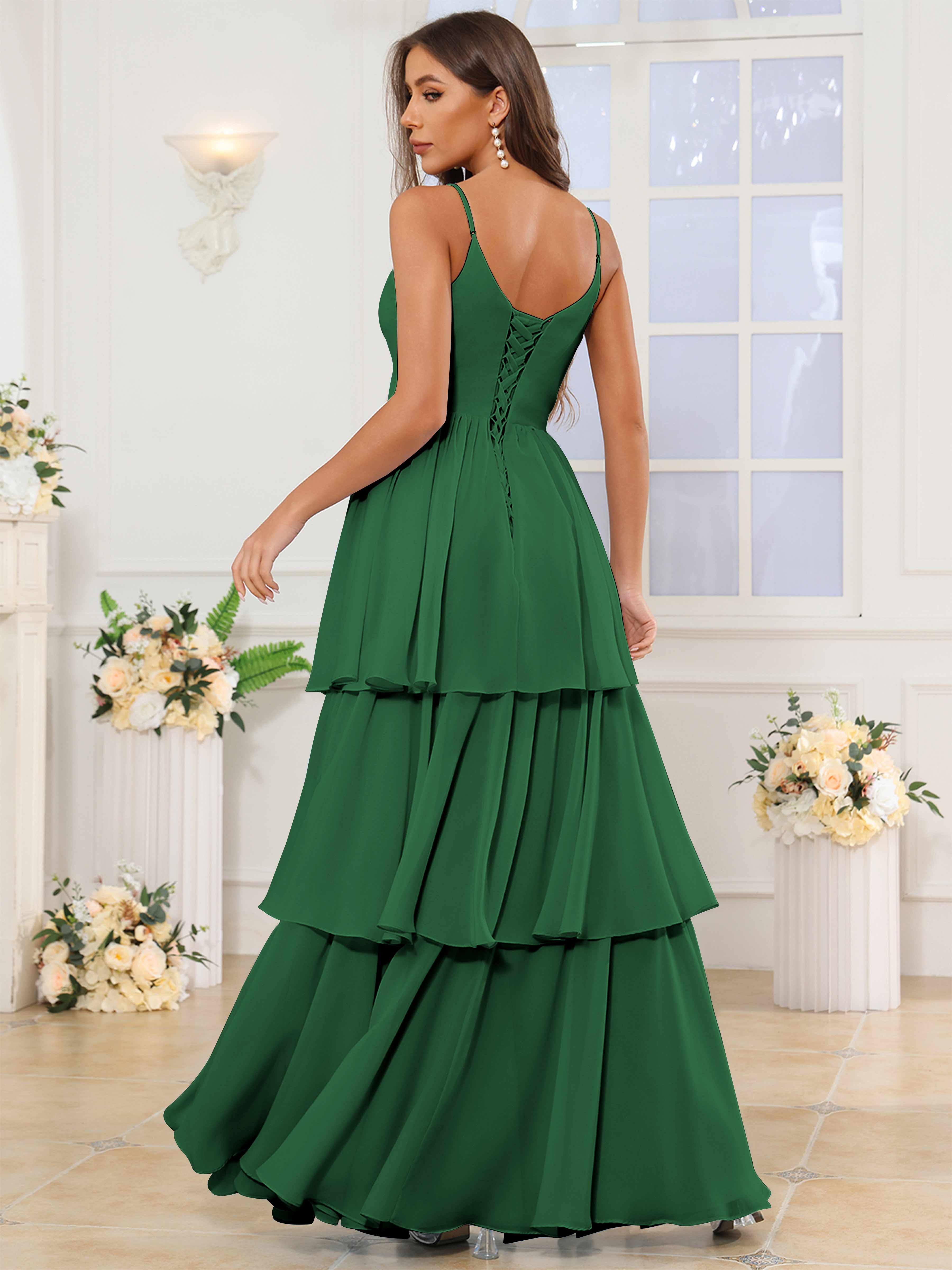 ROVDESY V-Neck Spaghetti Straps Tiered Chiffon Bridesmaid Dress With Ruffles