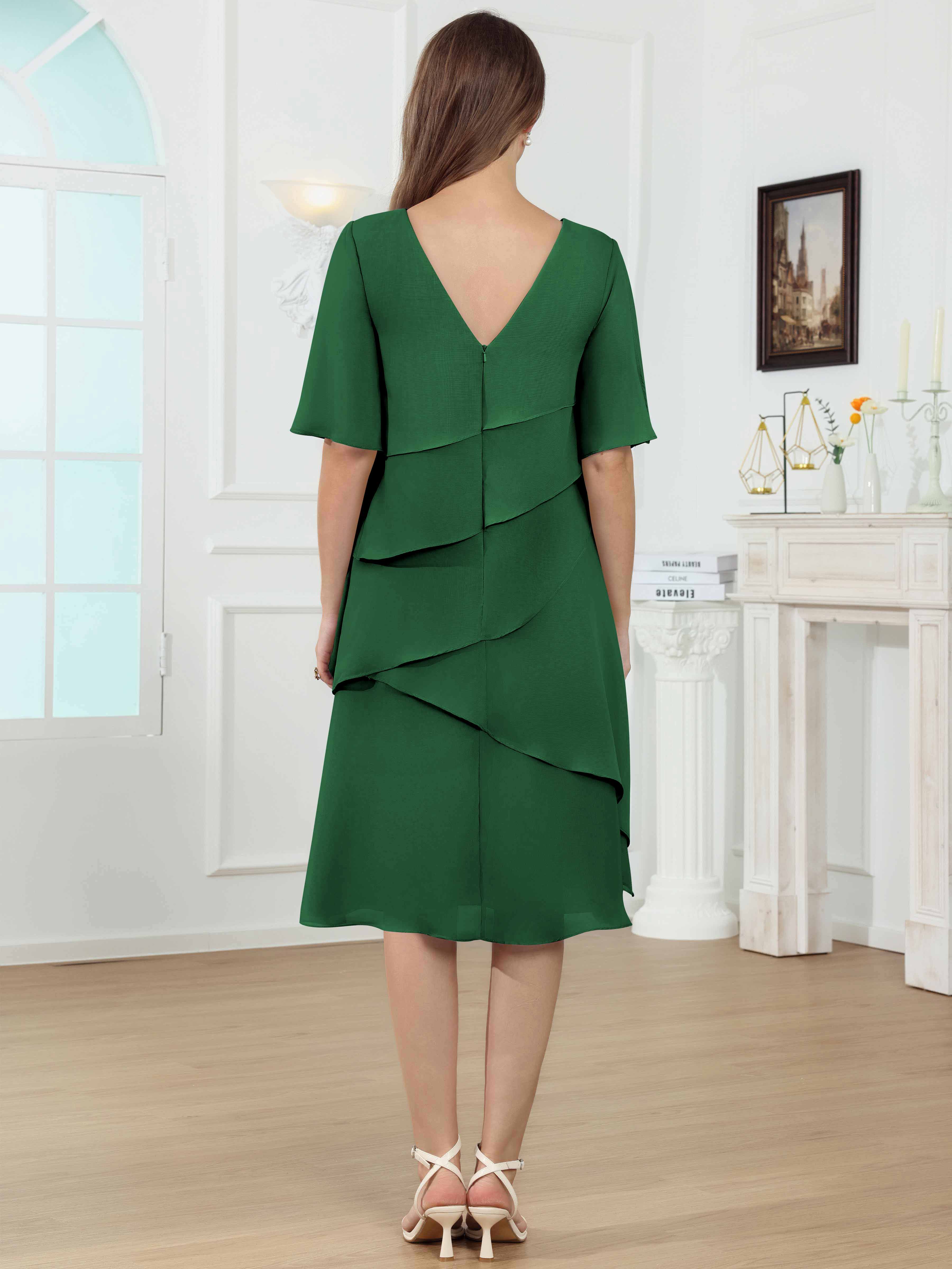 ROVDESY Knee Length Tiered Ruffle Chiffon Mother Of The Bride Dress With Half Sleeves
