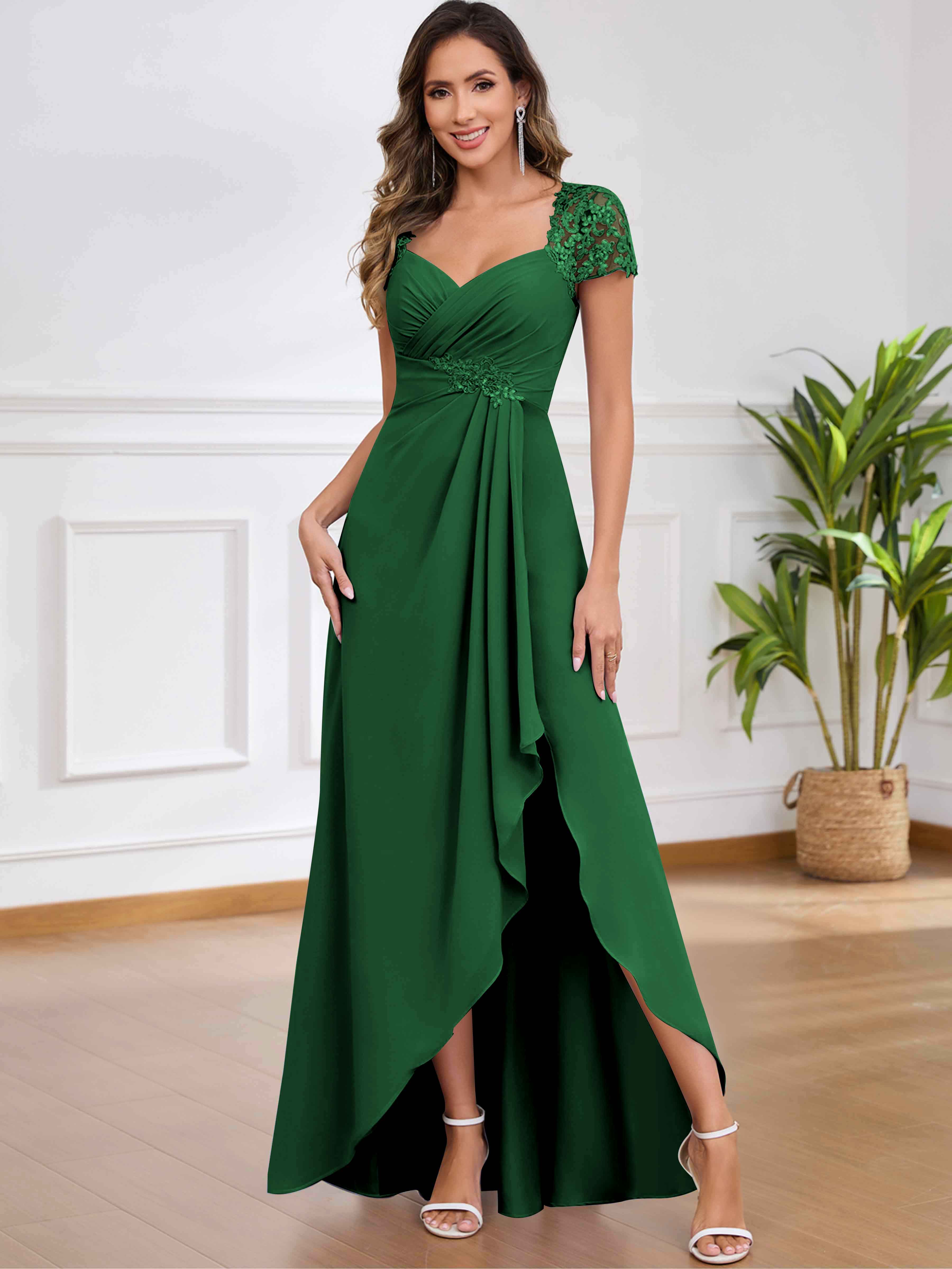 ROVDESY A-Line Pleated Lace Sequin Ruffle Chiffon Mother Of The Bride Dress With Slit